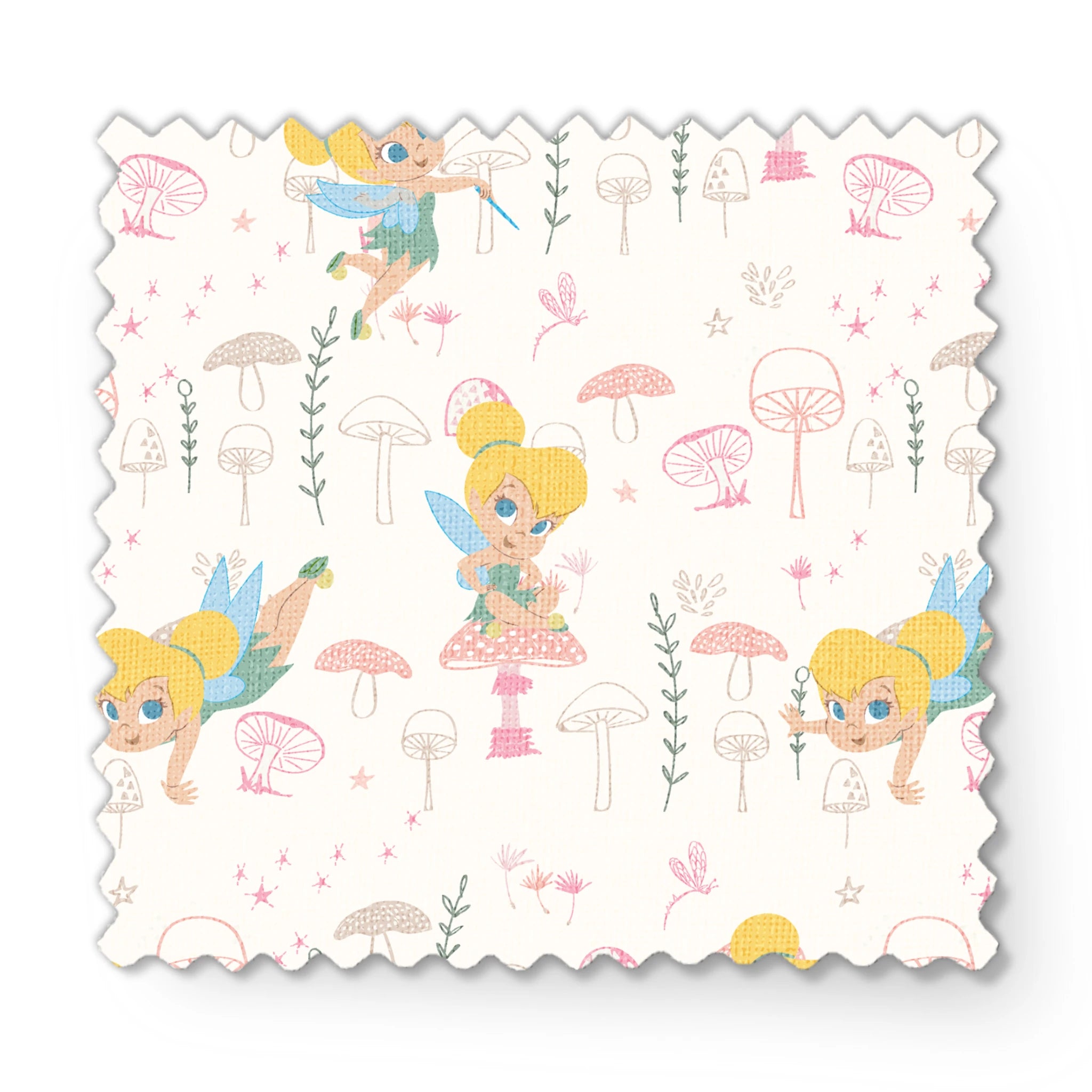 Whimsical pattern with cartoon fairy characters and pink mushrooms against a cream background fabric swatch mockup