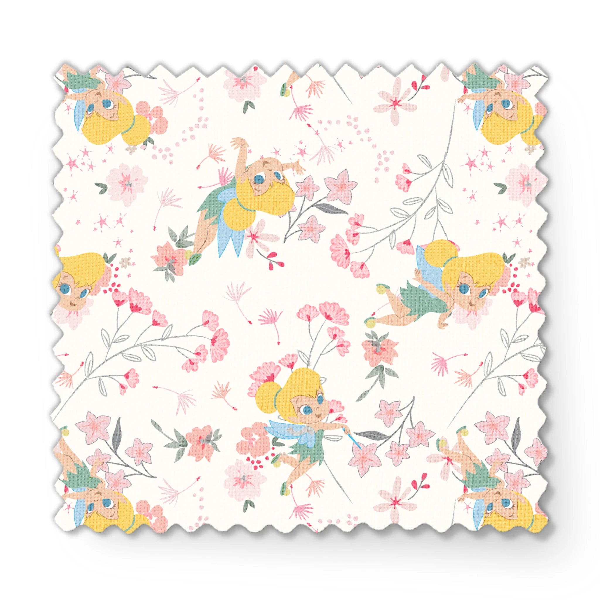 Whimsical pattern with Tinker Bell among pink flowers and green leaves on white background fabric swatch mockup