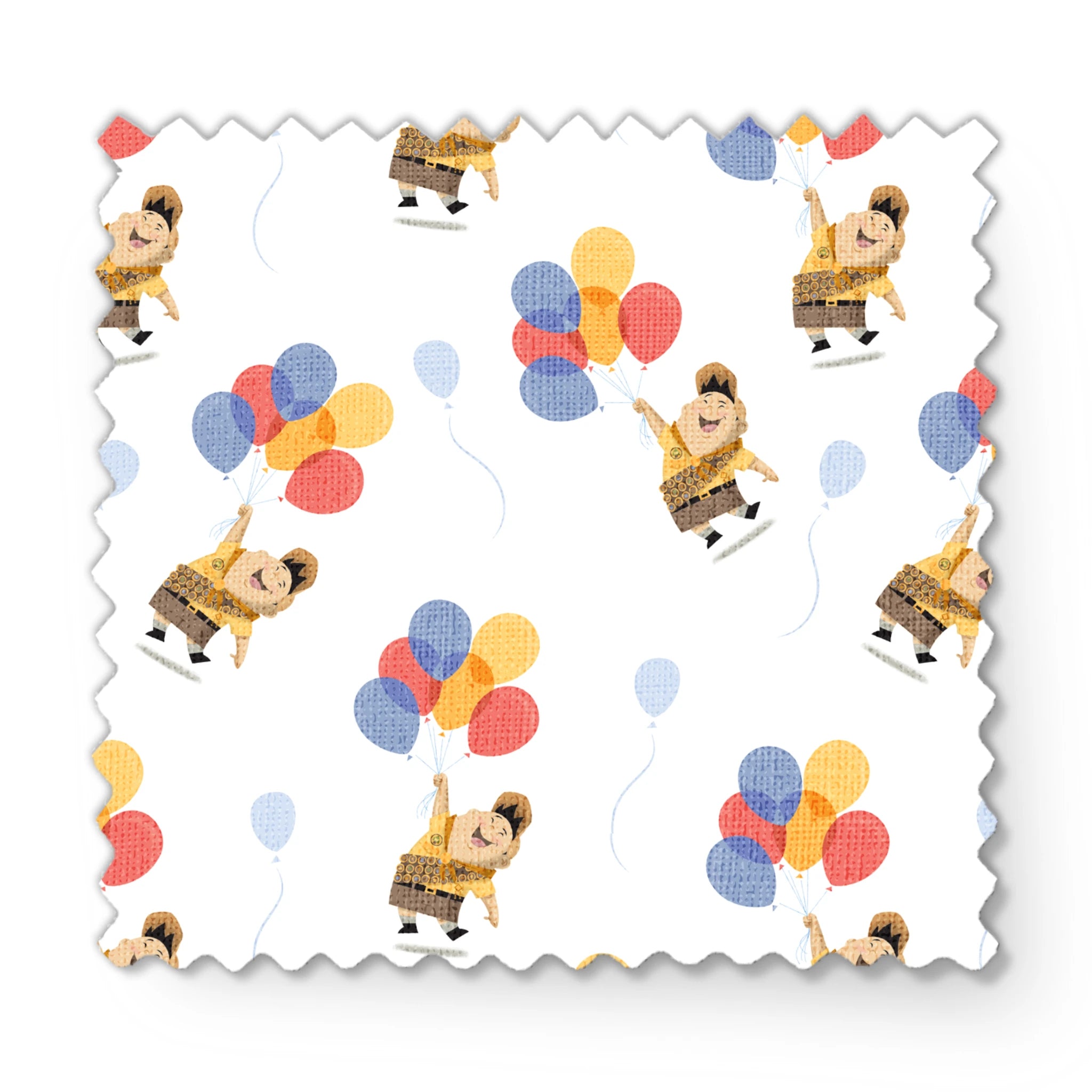Up's Russell in explorer outfit floating with colorful balloons on white background pattern fabric swatch mockup