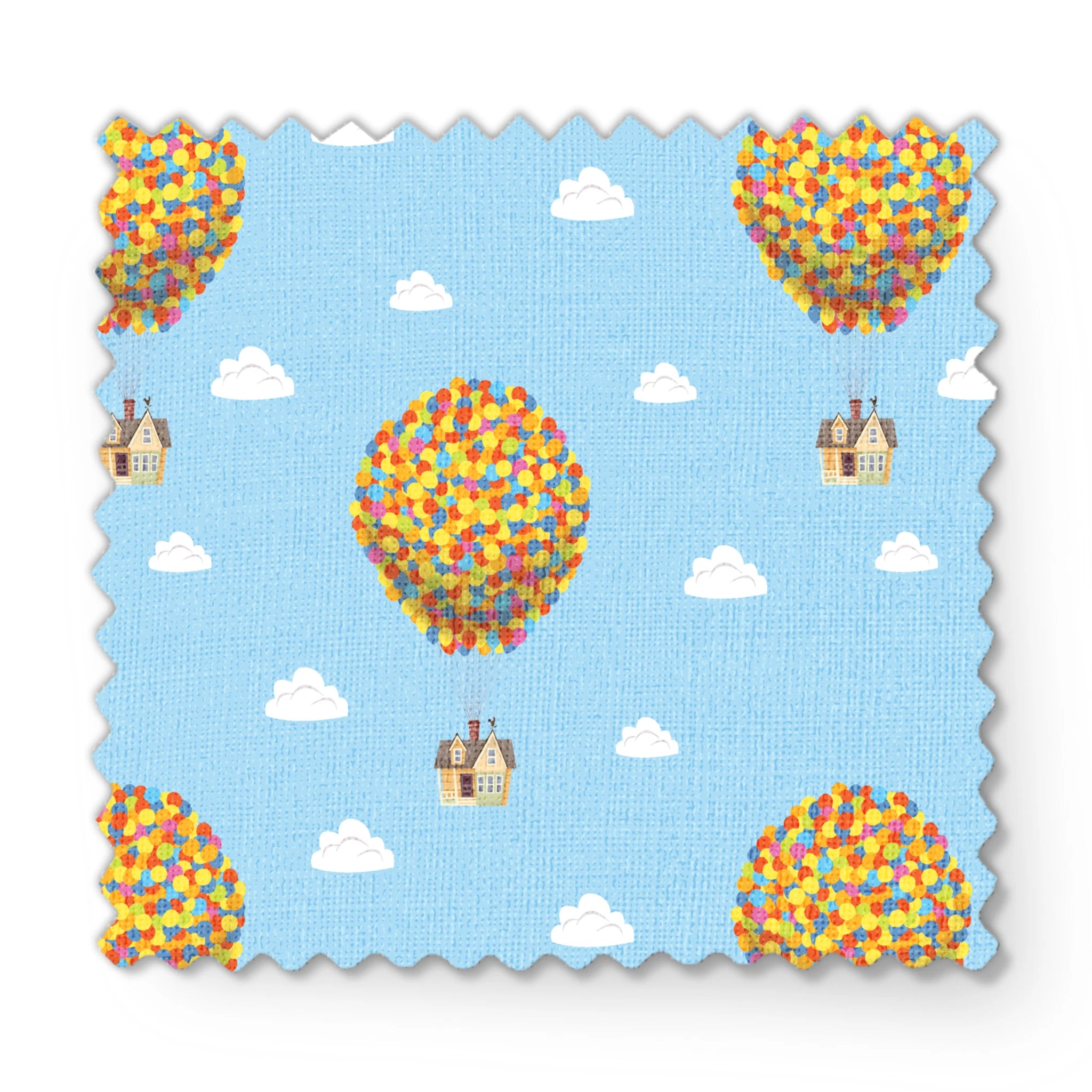 Repeating Up pattern of houses lifted by colorful balloon clusters against a light blue sky with white clouds fabric swatch mockup