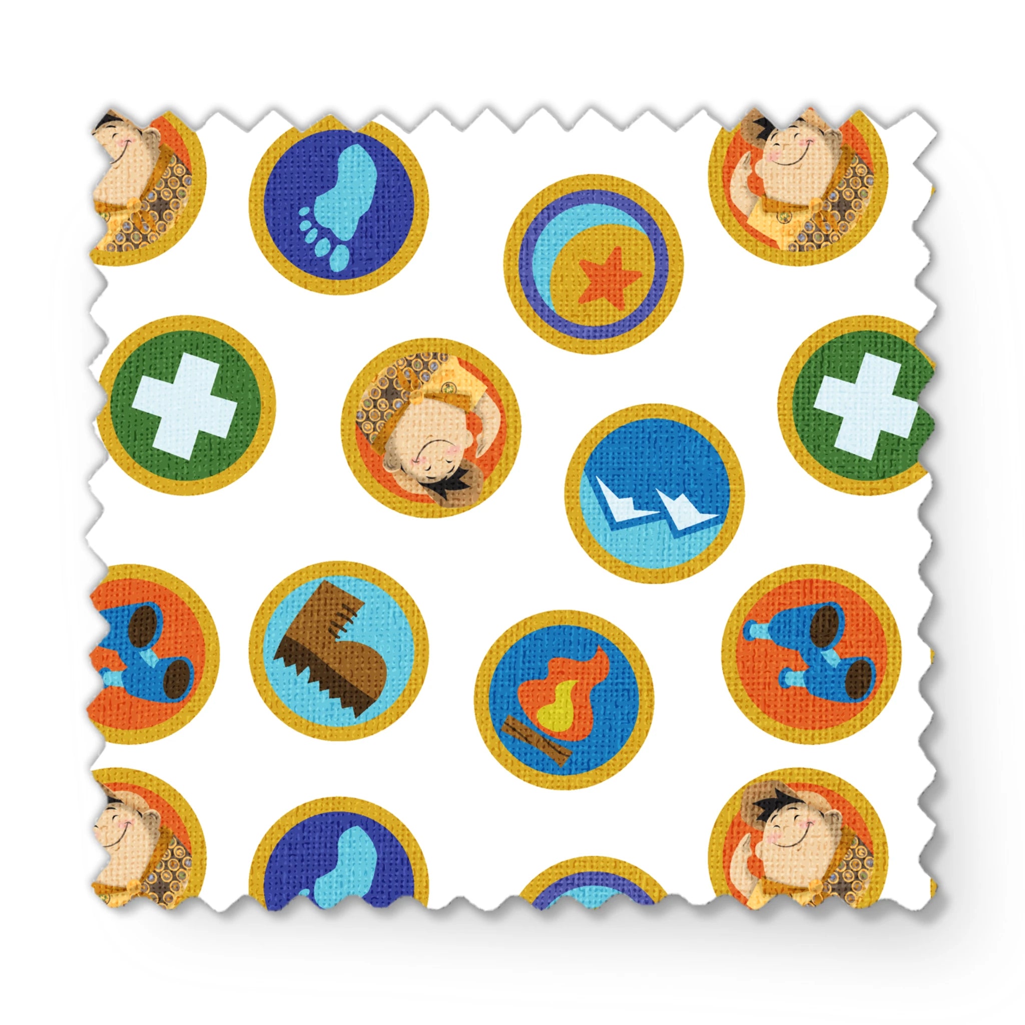 Colorful Up-inspired circular badges with outdoor adventure symbols including footprint, star, first aid cross, boots, and hiking equipment. fabric swatch mockup