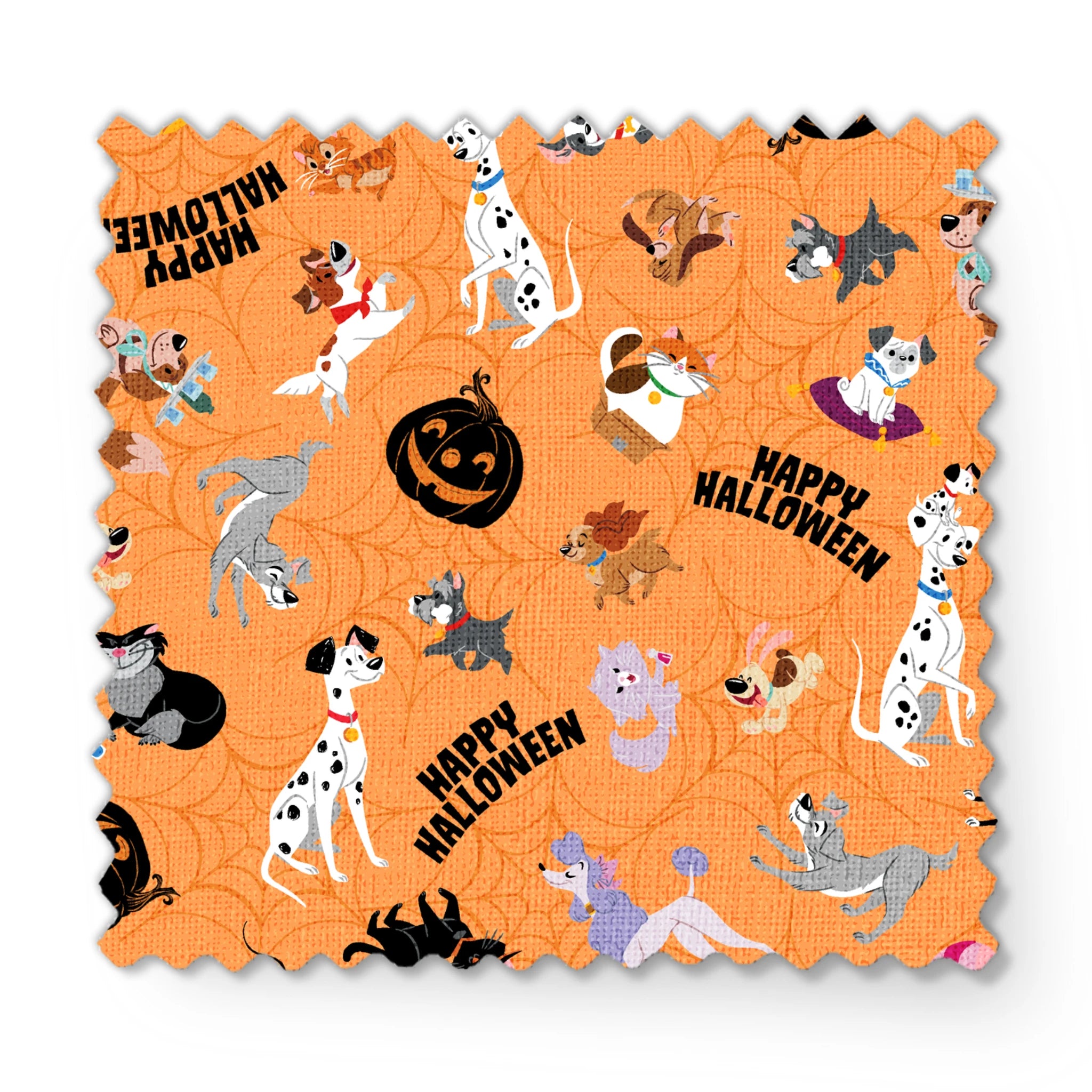 Cartoon dogs in Halloween pattern with pumpkins and "Happy Halloween" text on orange background fabric swatch mockup