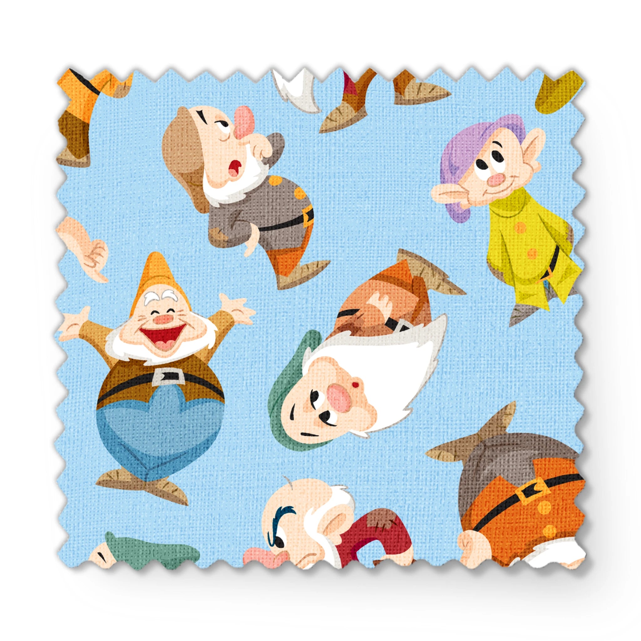 Pattern of cartoon dwarfs in colorful outfits on light blue background fabric swatch mockup