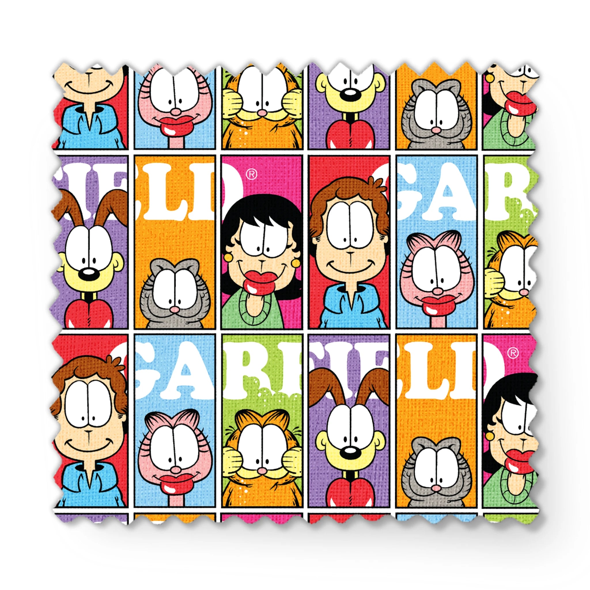 Colorful comic grid pattern with Garfield characters and letters arranged in repeating squares fabric swatch mockup