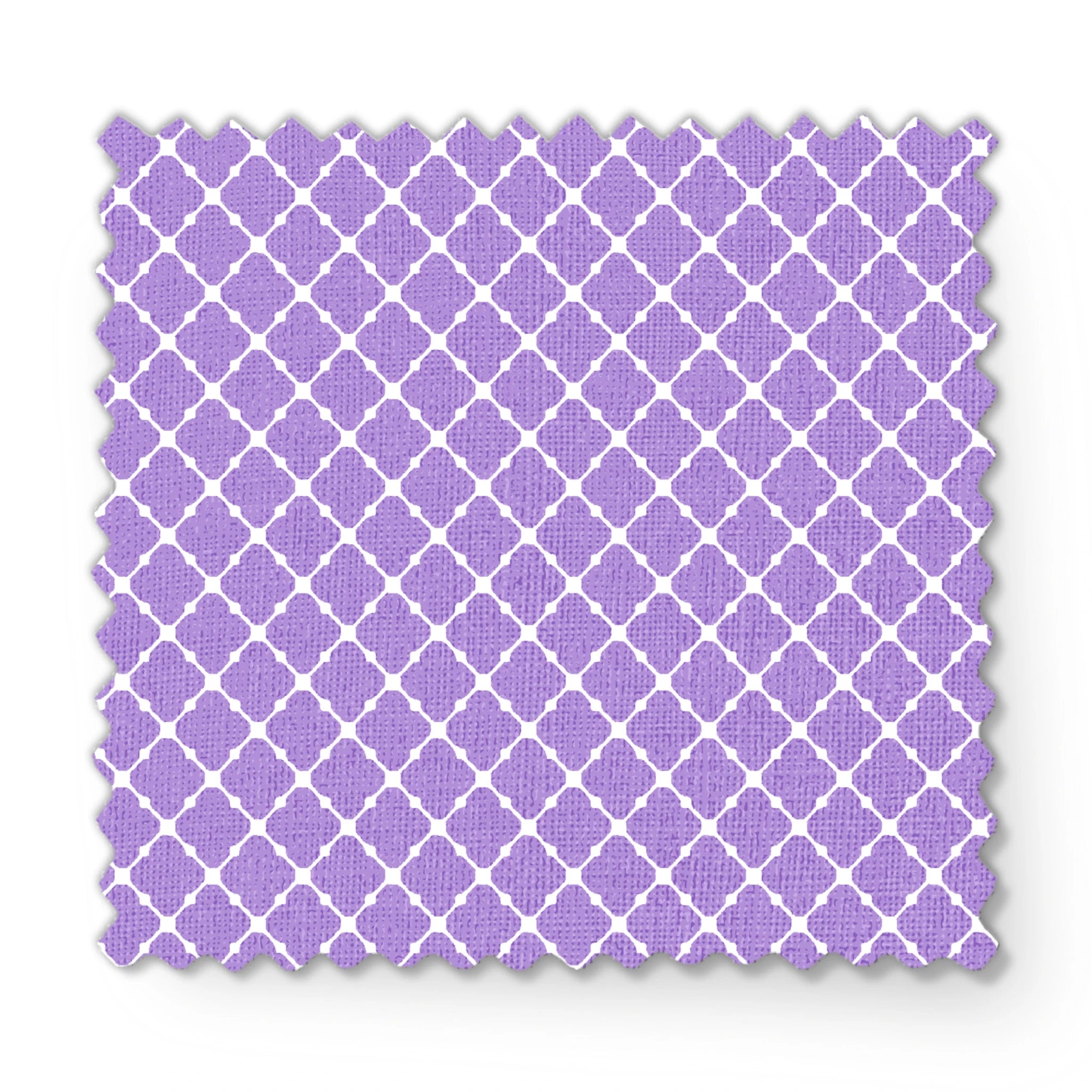 Purple quatrefoil pattern with white lattice grid on lavender background fabric swatch mockup