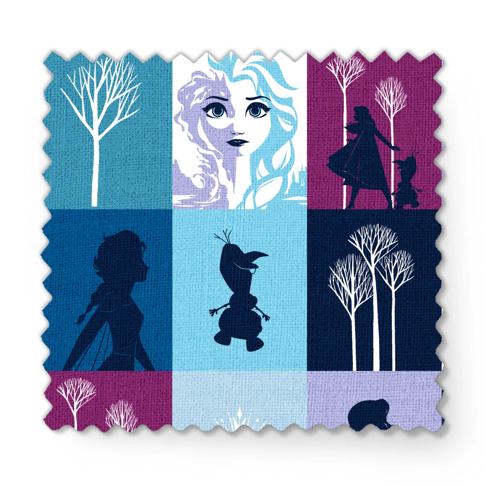 A grid of "Frozen" themed illustrations featuring character portraits, snowflakes, winter trees, and silhouetted scenes in shades of blue and purple. fabric swatch mockup