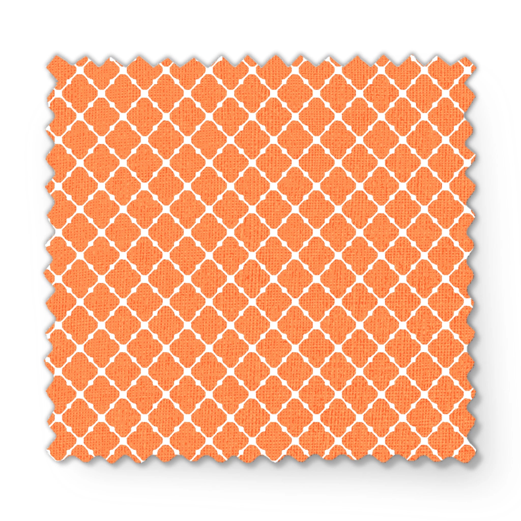 Geometric orange and white pattern with quatrefoil shapes forming a lattice design fabric swatch mockup