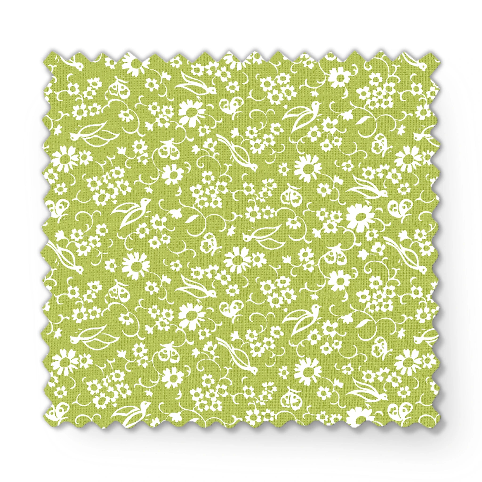 White bird and floral pattern on a vibrant lime green background. fabric swatch mockup