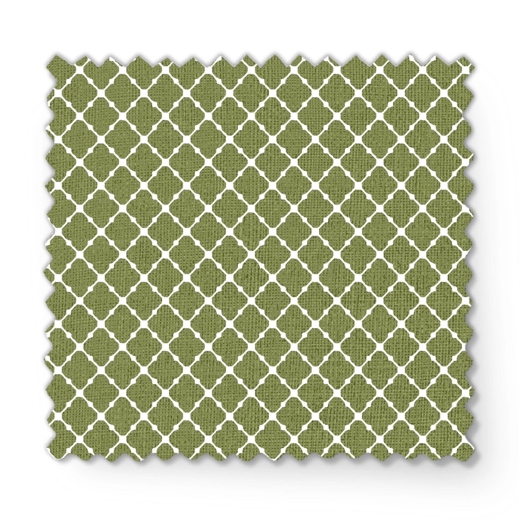 Sage green quatrefoil pattern with white lattice lines forming a Moroccan-style geometric design fabric swatch mockup