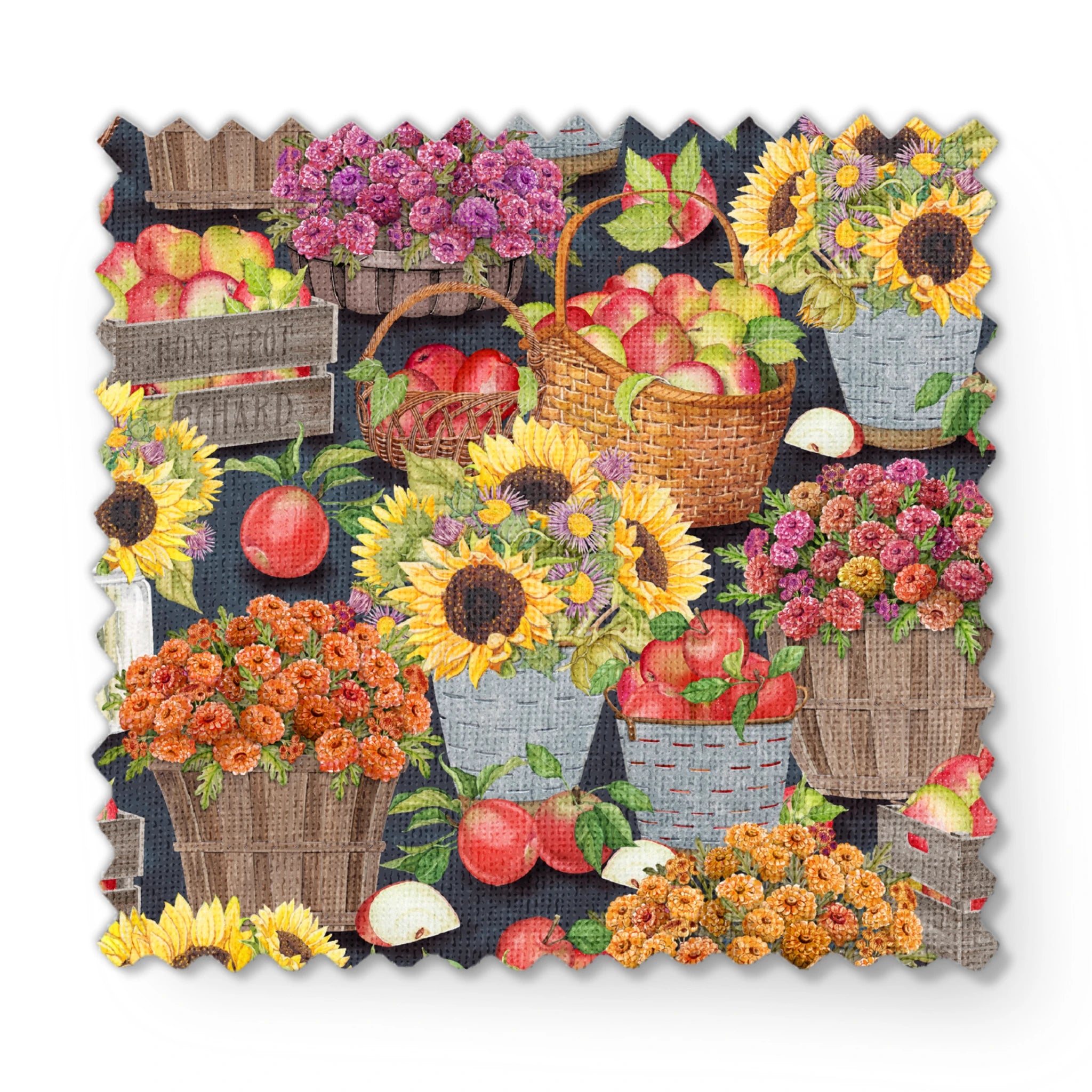 Baskets filled with sunflowers, mums, and apples in a colorful autumn harvest design by Nicole Tamarin. fabric swatch mockup