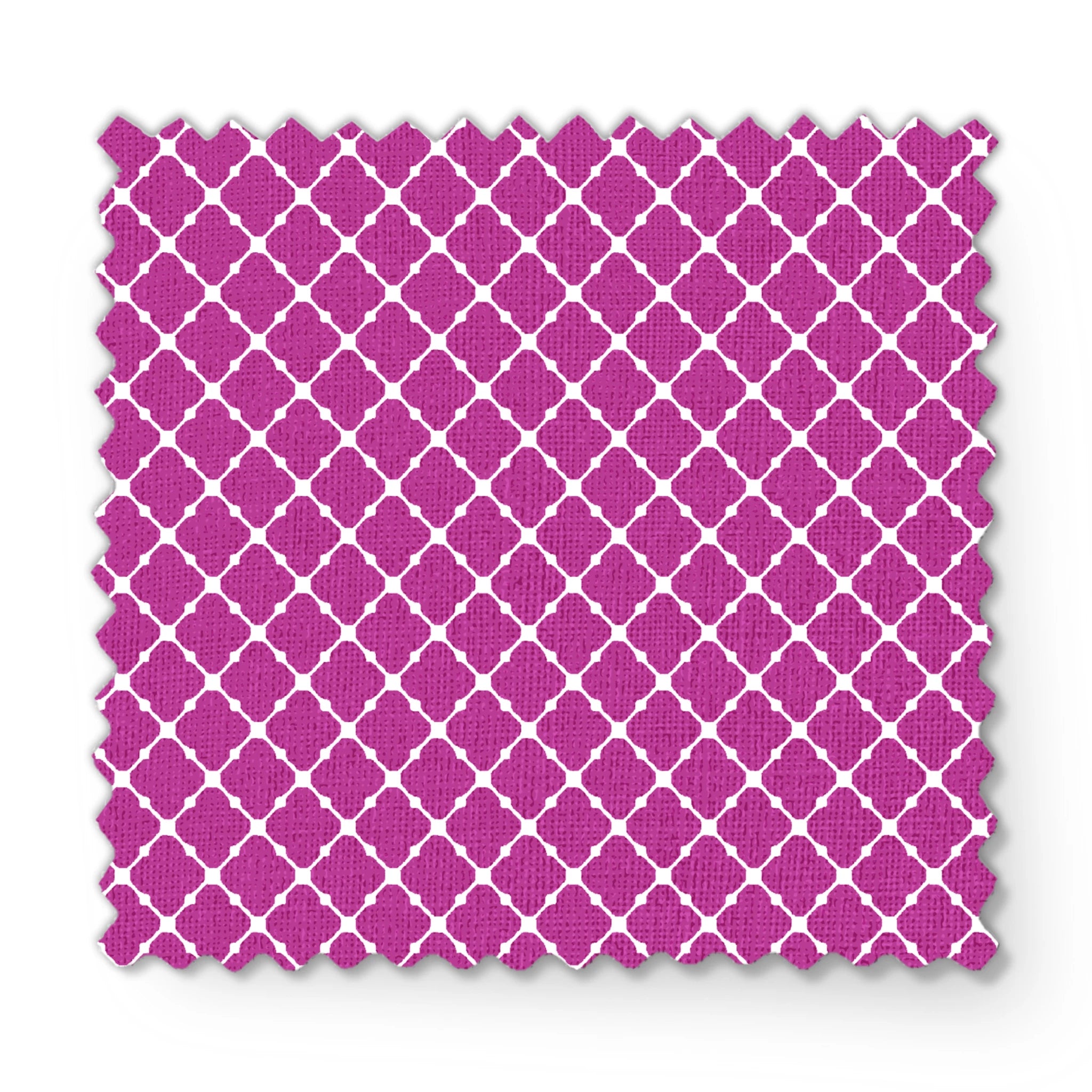 Magenta quatrefoil pattern with white lattice outline fabric swatch mockup