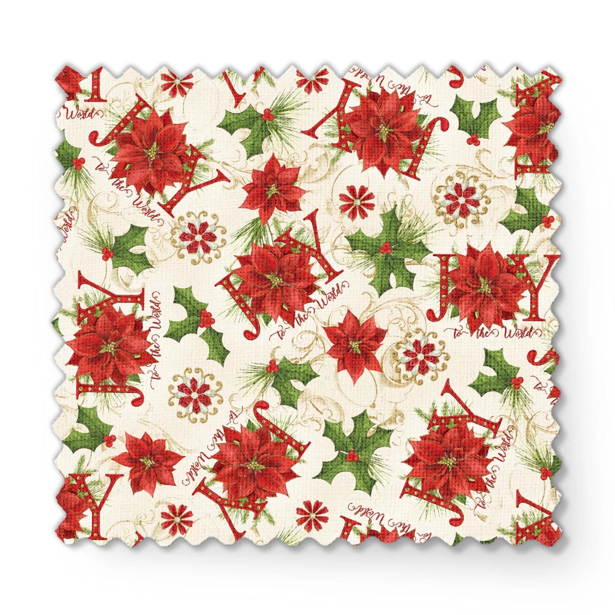 Red poinsettias, holly leaves, pine sprigs, and peppermint candy motifs with scattered “Joy” text in a festive holiday toss design by Nicole Tamarin. fabric swatch mockup