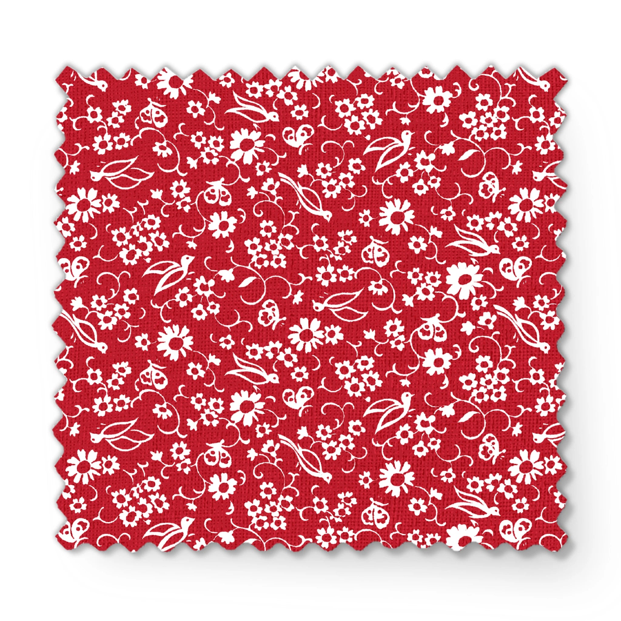White floral and bird silhouette pattern on a bright red background. fabric swatch mockup