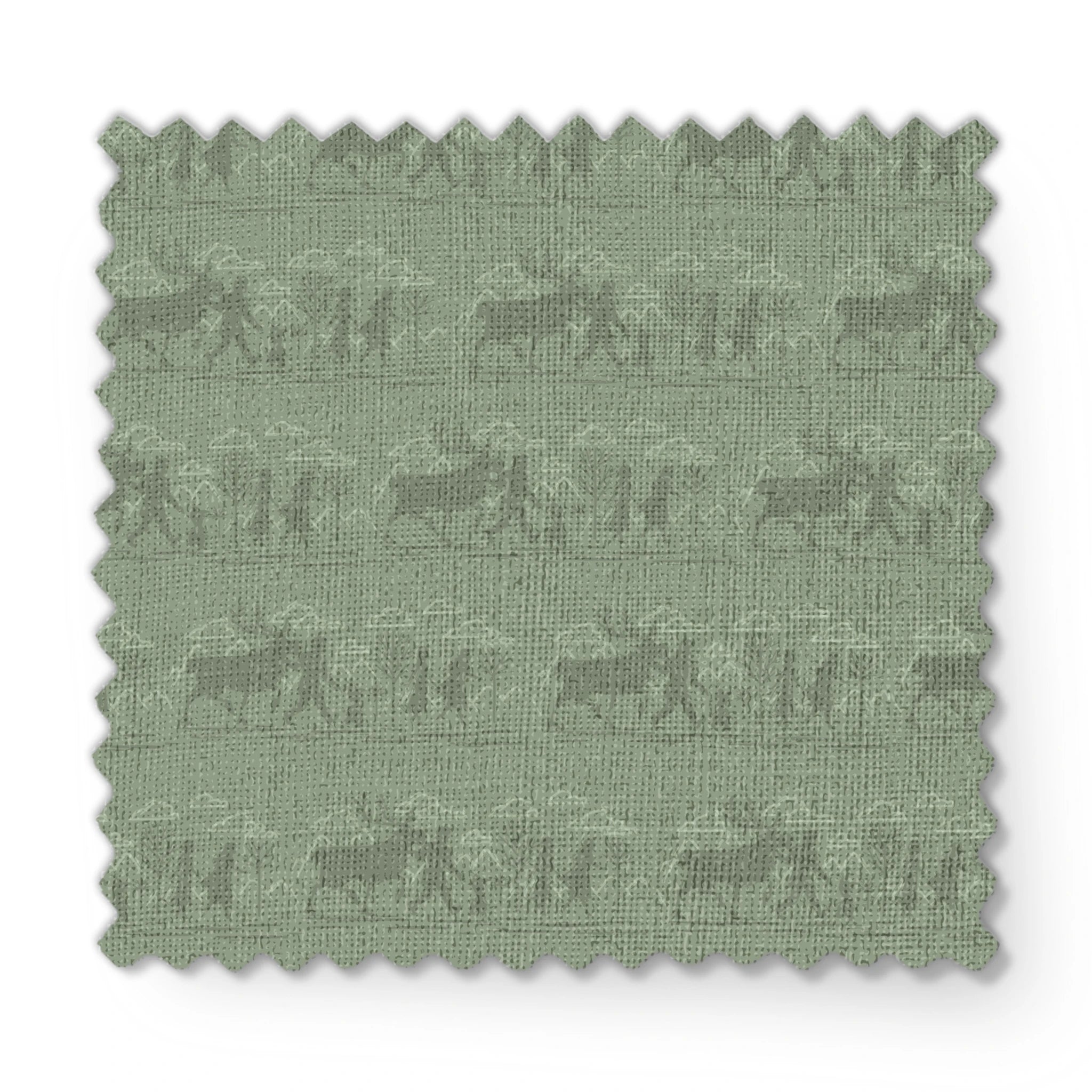 Muted green patterned design with repeating silhouettes of Frozen characters in horizontal bands fabric swatch mockup