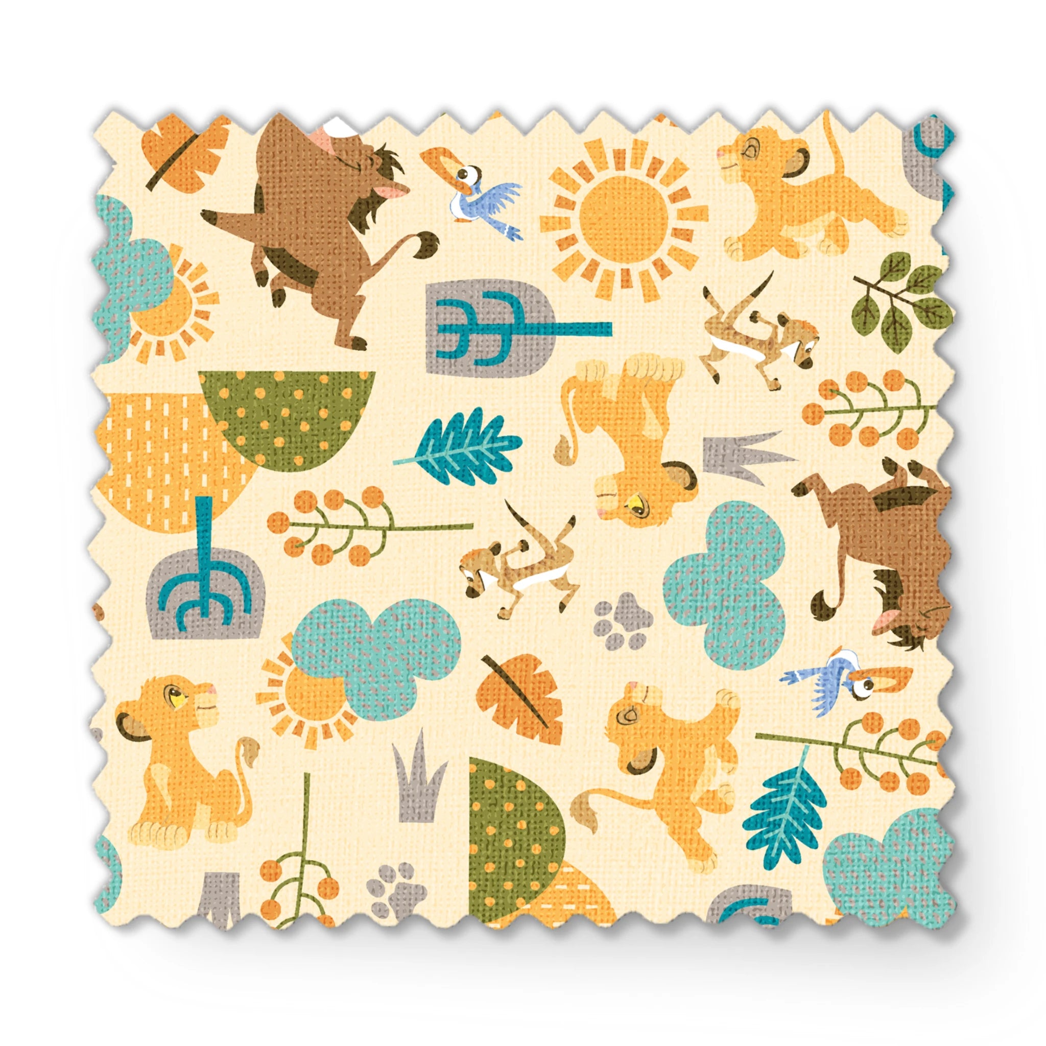 Playful Lion King pattern with brown bears, yellow puppies, blue clouds, stylized trees, and sun motifs on cream background fabric swatch mockup