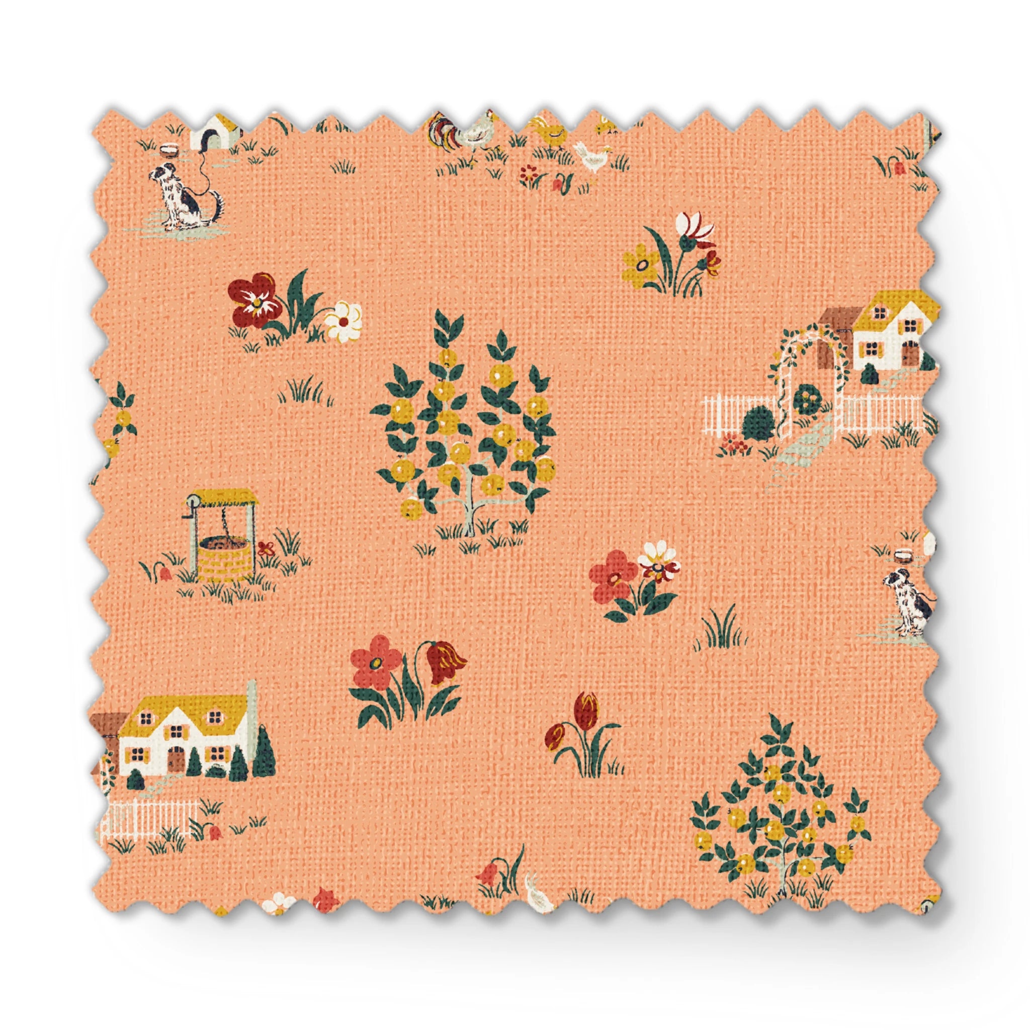 Vintage cottage scene design with houses, flowers, and animals on a peach background from the Springs Archive fabric swatch mockup