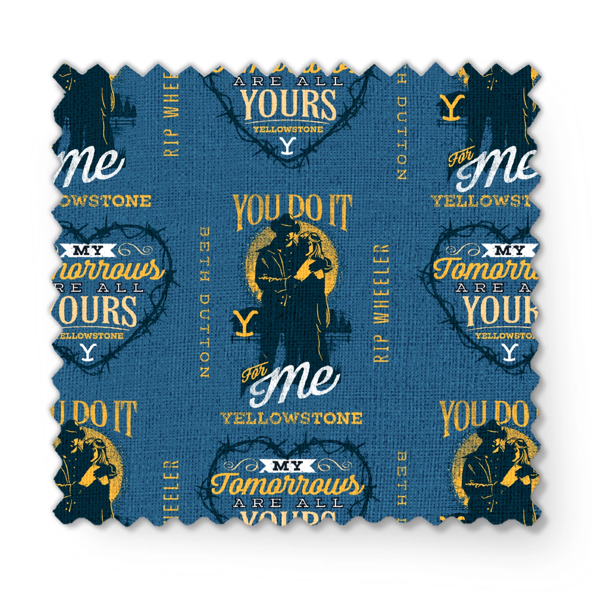 Denim blue fabric with Beth and Rip silhouettes, romantic Yellowstone quotes, and Western-style lettering in mustard and white. fabric swatch mockup
