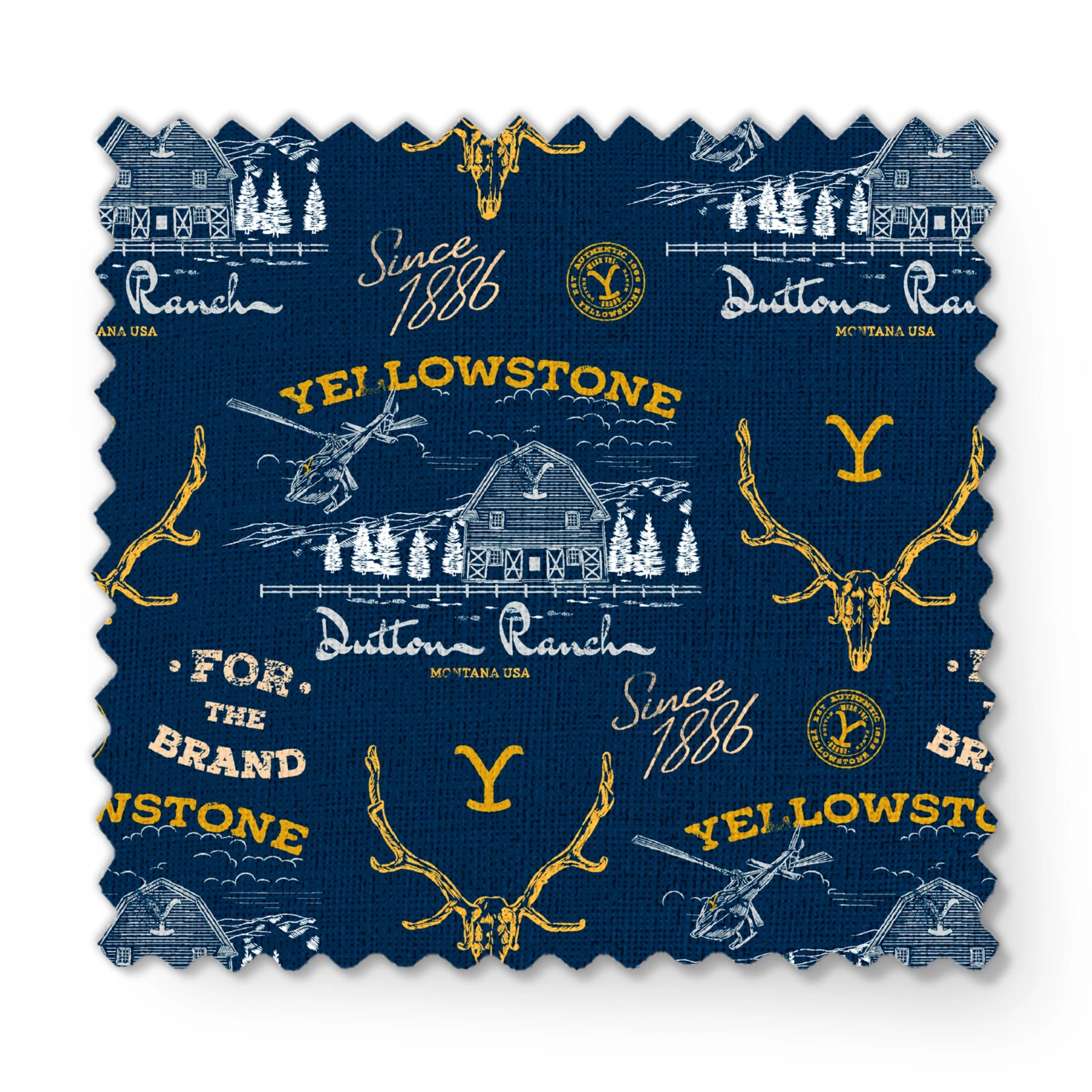 Yellowstone-themed pattern with Dutton Ranch logos, deer antlers, and "Y" branding on navy blue background fabric swatch mockup