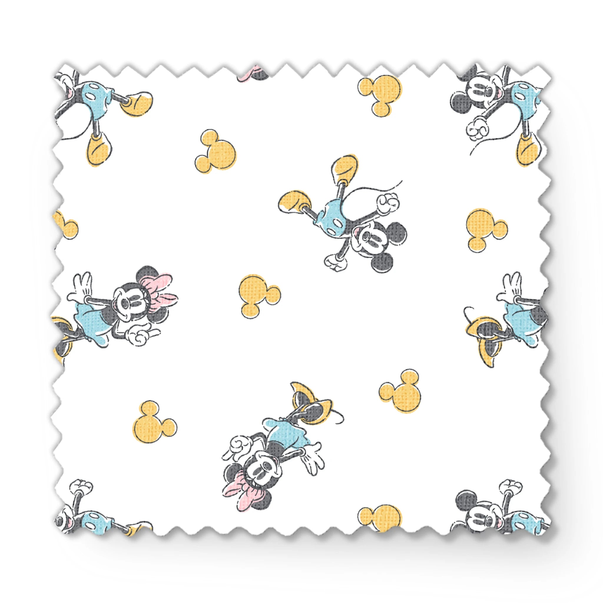 Mickey Mouse characters in light blue outfits scattered on white background with yellow Mickey silhouettes fabric swatch mockup