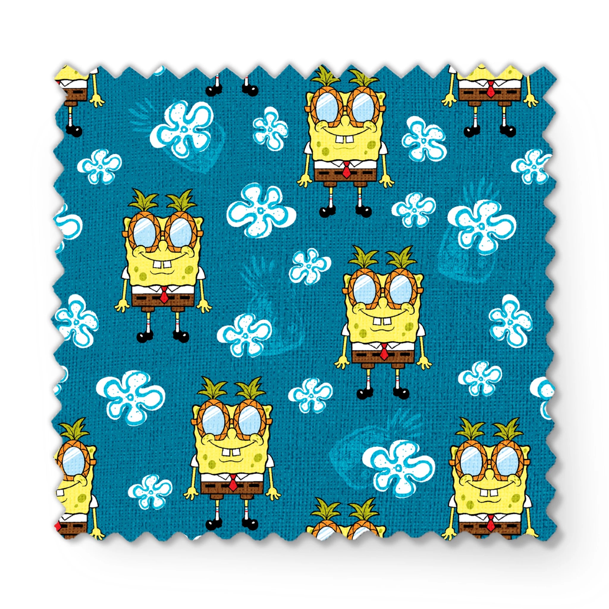 Yellow cartoon character with glasses on teal background with white flower pattern, repeating design fabric swatch mockup