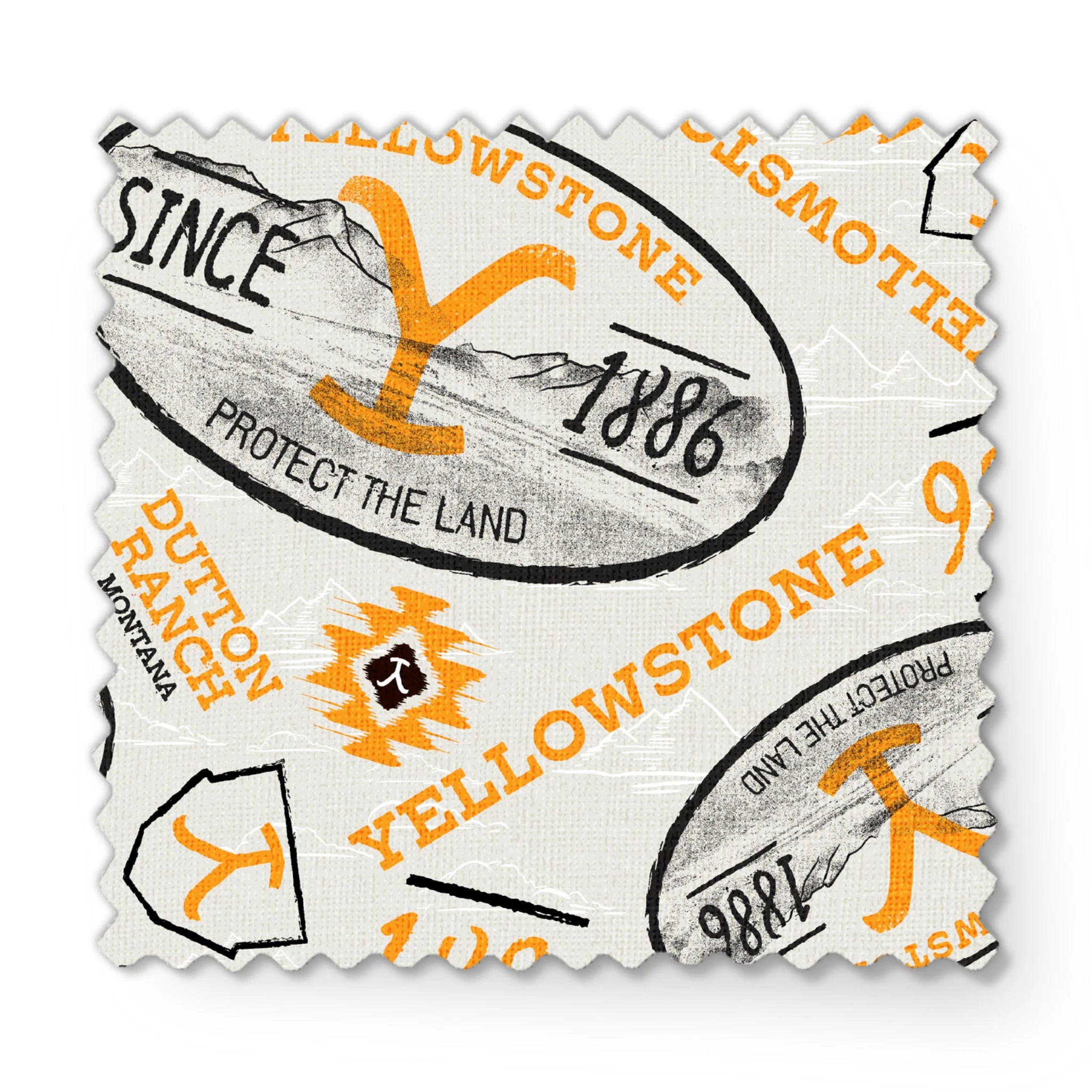 Yellowstone-themed design with black and gold badge graphics, “Protect the Land” text, and Dutton Ranch icons on a cream background. fabric swatch mockup