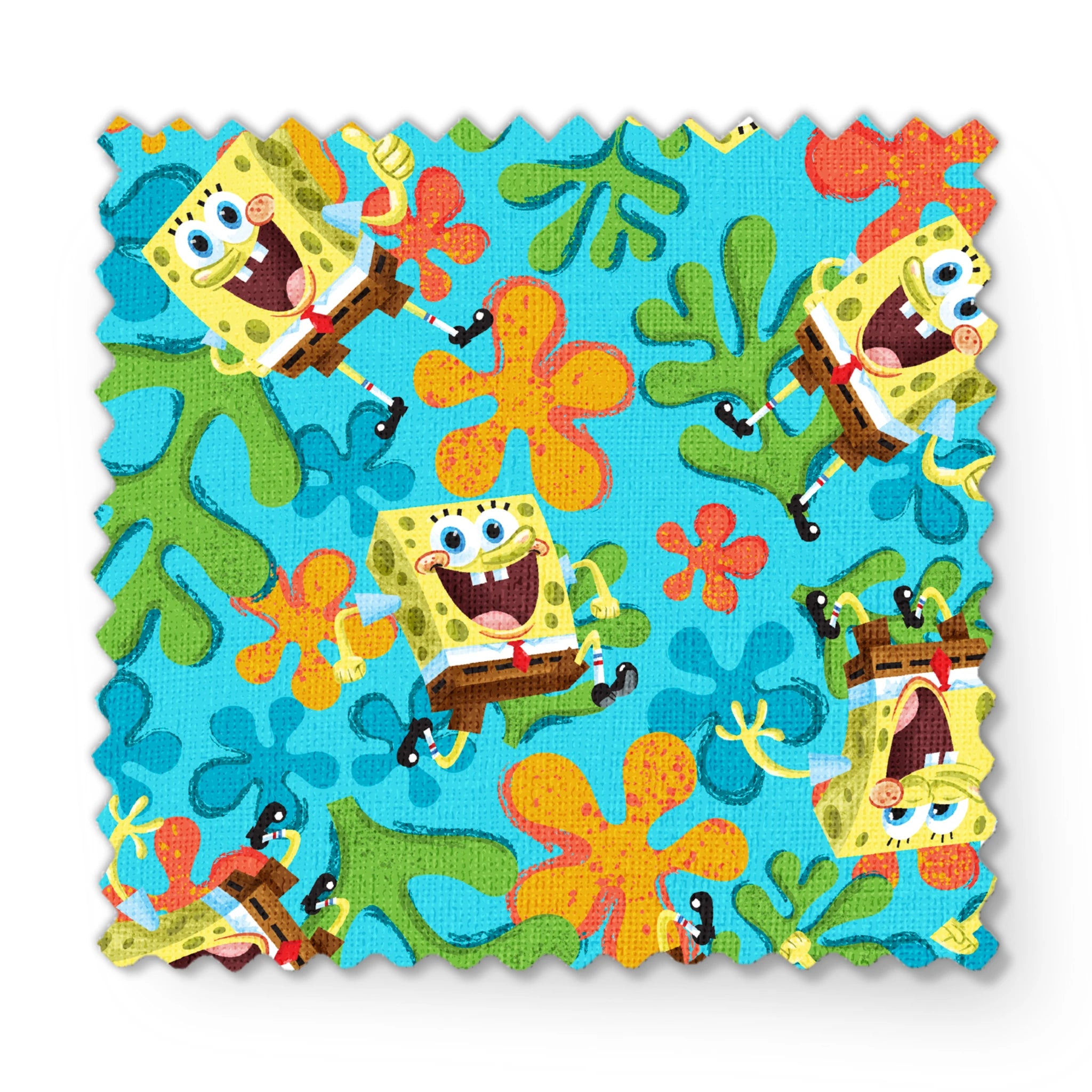 SpongeBob SquarePants pattern with colorful orange and blue flowers on turquoise background fabric swatch mockup