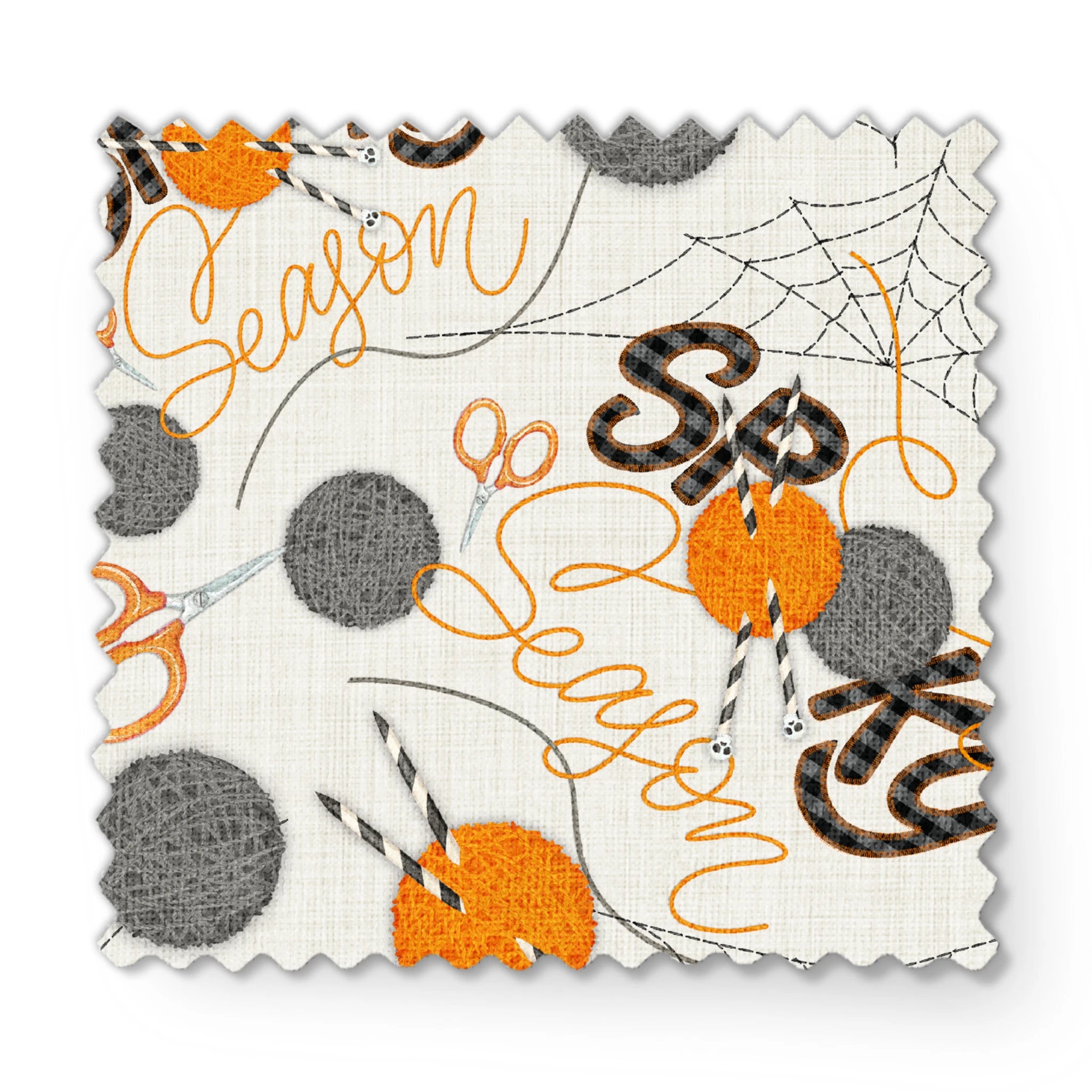 Halloween design by Nicole Tamarin featuring orange and gray yarn balls, scissors, spiderwebs, and “Spooky Season” lettering on a cream background. fabric swatch mockup