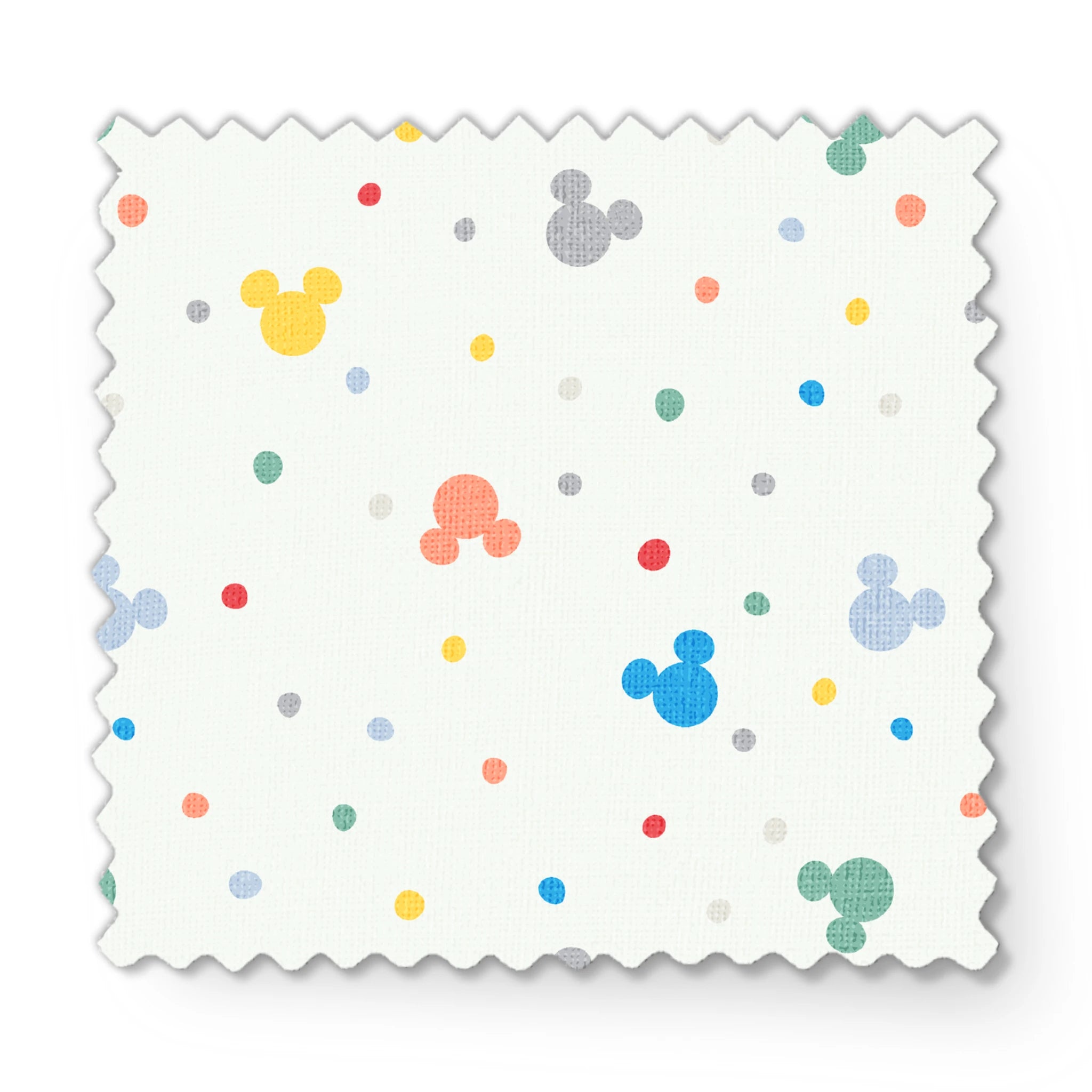 Colorful Disney Mickey Mouse silhouette pattern with pastel dots on white background fabric swatch mockup