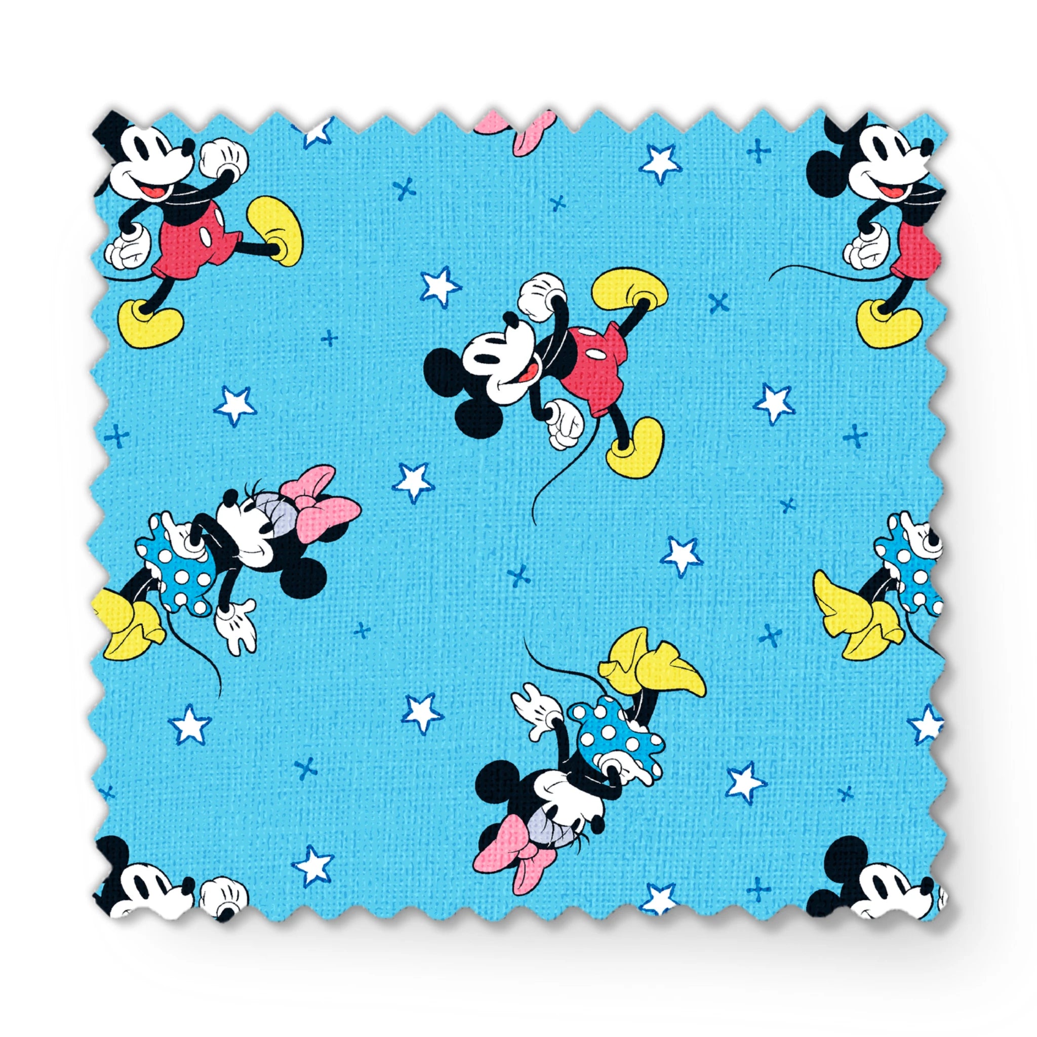 Disney Mickey Mouse and Minnie Mouse characters on light blue background with white stars, pattern design fabric swatch mockup
