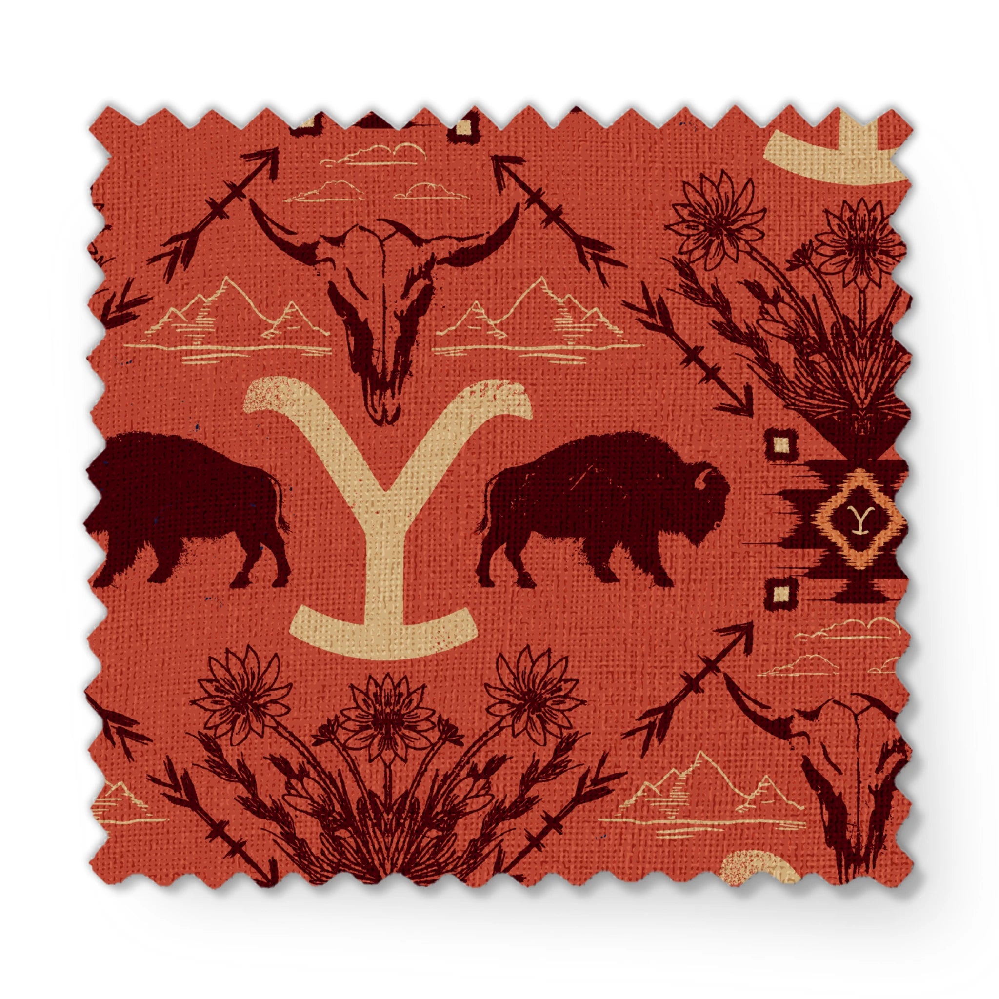 Terracotta and burgundy Yellowstone design with buffalo, skulls, wildflowers, and Western motifs. fabric swatch mockup