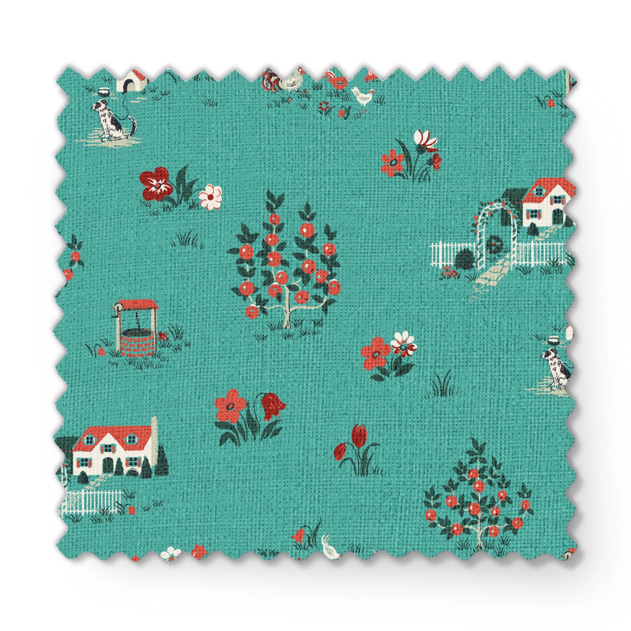 Teal background fabric with vintage cottages, flowers, chickens, and wells in a scattered countryside layout. fabric swatch mockup