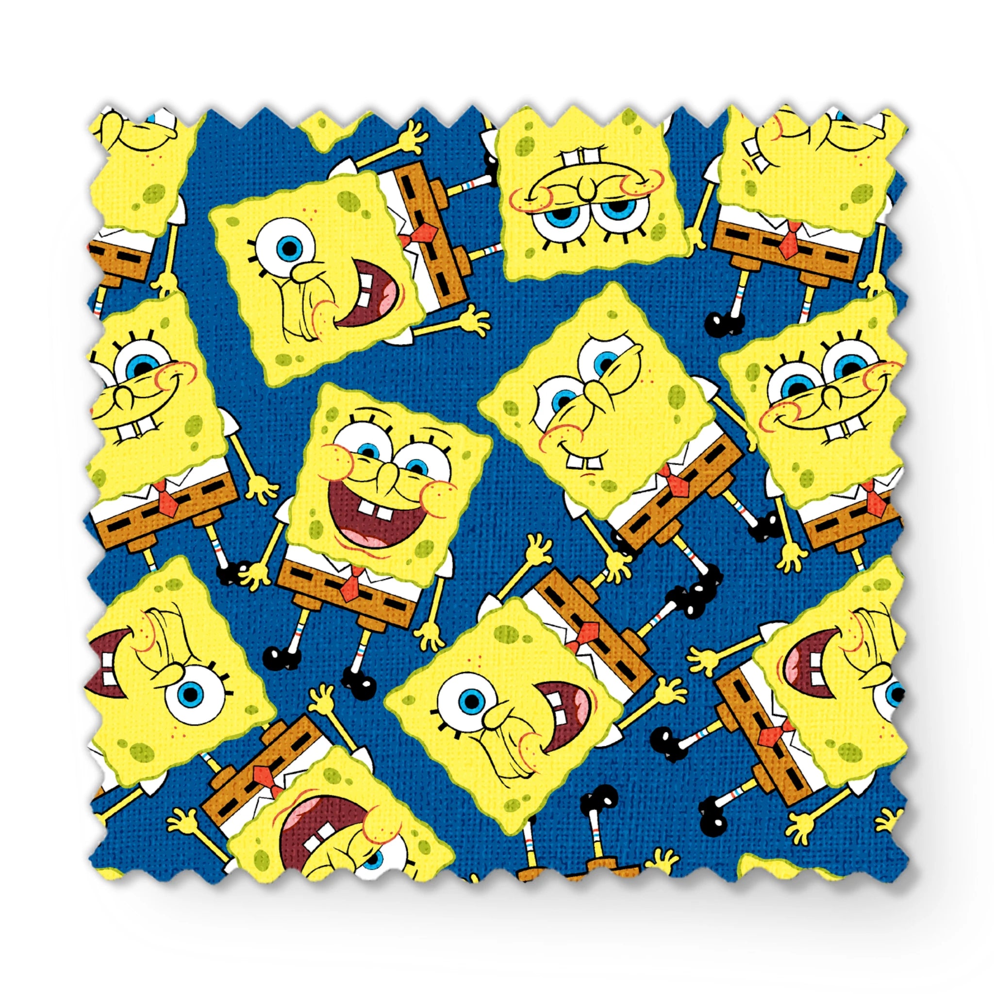 SpongeBob SquarePants pattern featuring various expressions on blue background fabric swatch mockup