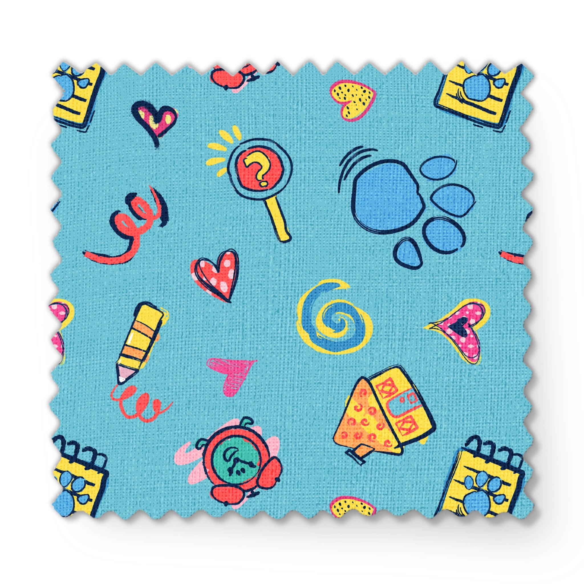 Blue’s Clues doodle-style pattern featuring paw prints, a crayon, spiral notebook, hearts, and magnifying glass on a light blue background. fabric swatch mockup