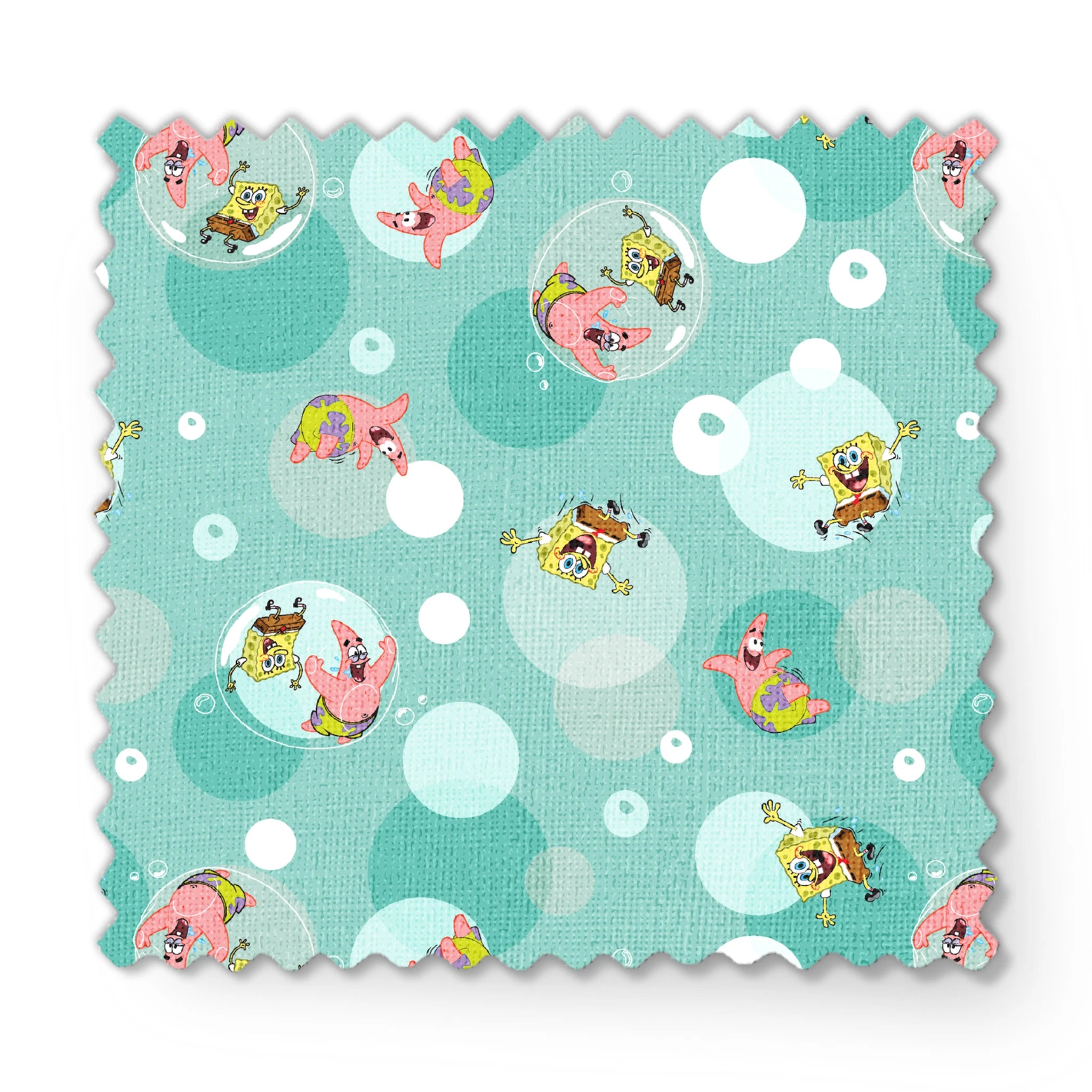 SpongeBob and Patrick floating in transparent bubbles across a seafoam green background with layered circle accents. fabric swatch mockup