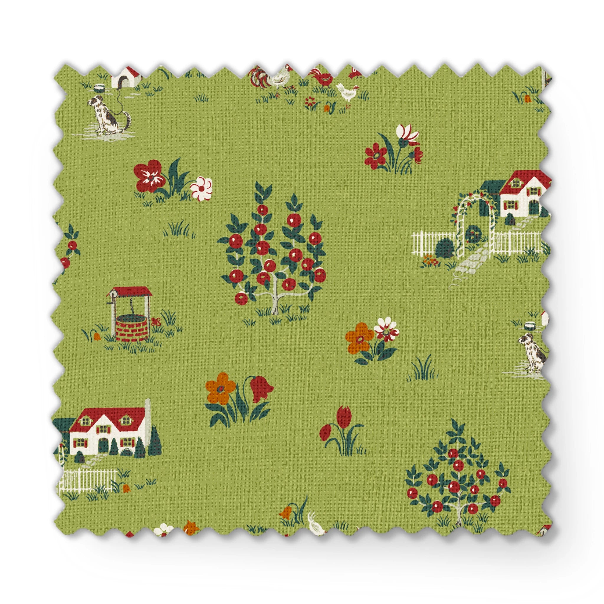 Scenic cottage garden design with vintage houses, flowers, and animals on olive green fabric swatch mockup