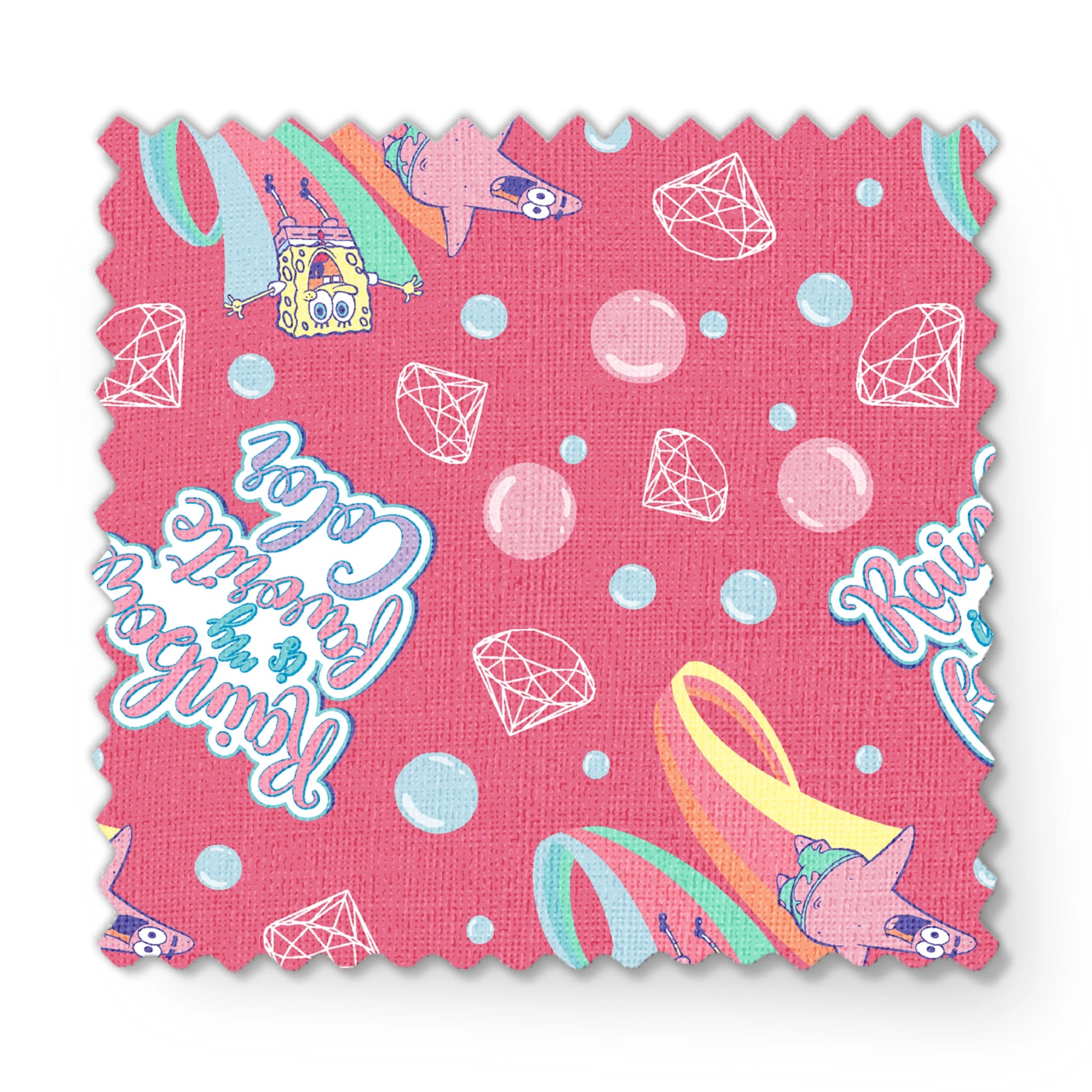 Patrick Star floats among pastel rainbows, bubbles, and gems on a pink background with the phrase “Rainbow is my favorite color” in a SpongeBob design fabric swatch mockup