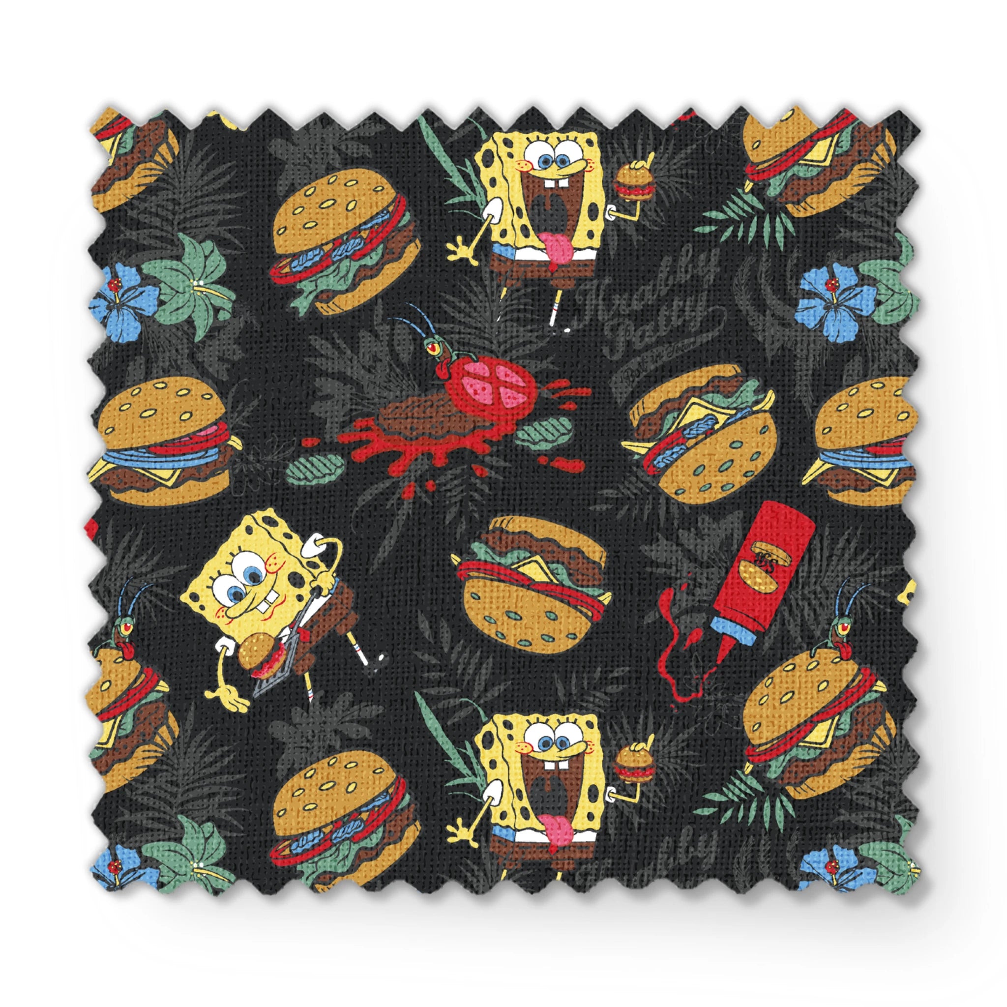 SpongeBob, Plankton, and Krabby Patties with tropical leaves and flowers on a black background in a bold character-themed design. fabric swatch mockup