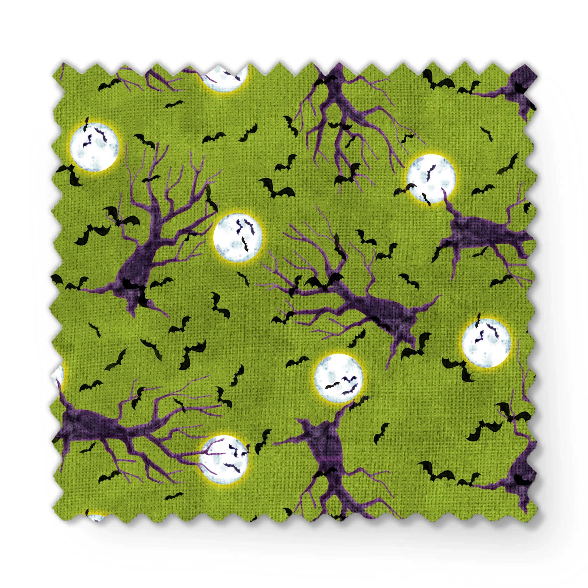Halloween fabric design with purple haunted trees, bats, and glowing moons on a green background, illustrated by Nicole Tamarin. fabric swatch mockup