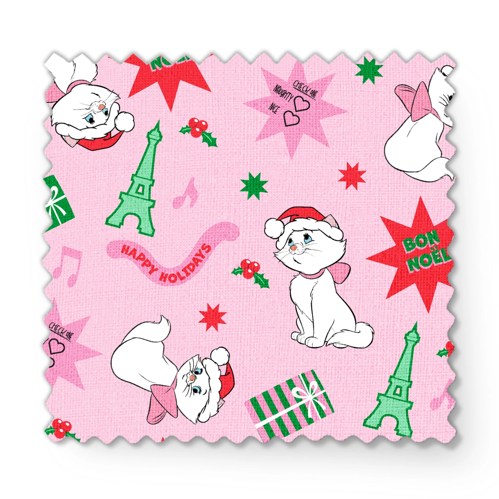 Holiday pattern with Marie from The Aristocats in Santa hats, Eiffel Towers, "Noel" text, and festive stars on pink background fabric swatch mockup