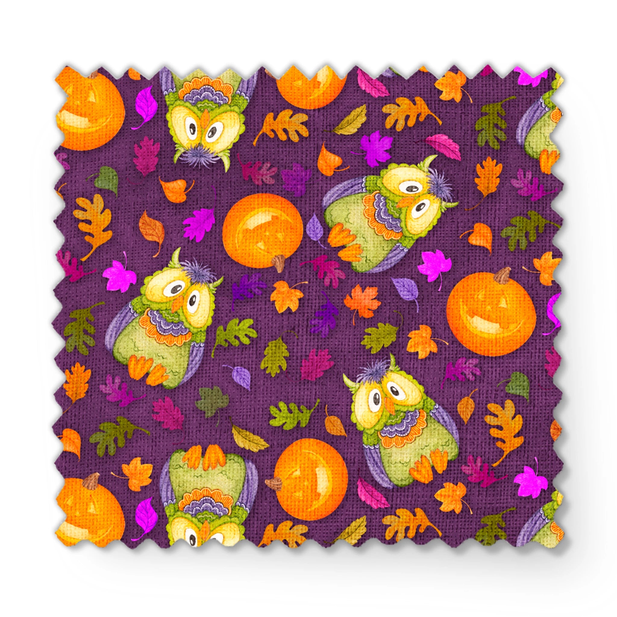 Halloween fabric by Nicole Tamarin featuring cartoon owls in costume, jack-o’-lanterns, and colorful fall leaves on a purple background. fabric swatch mockup