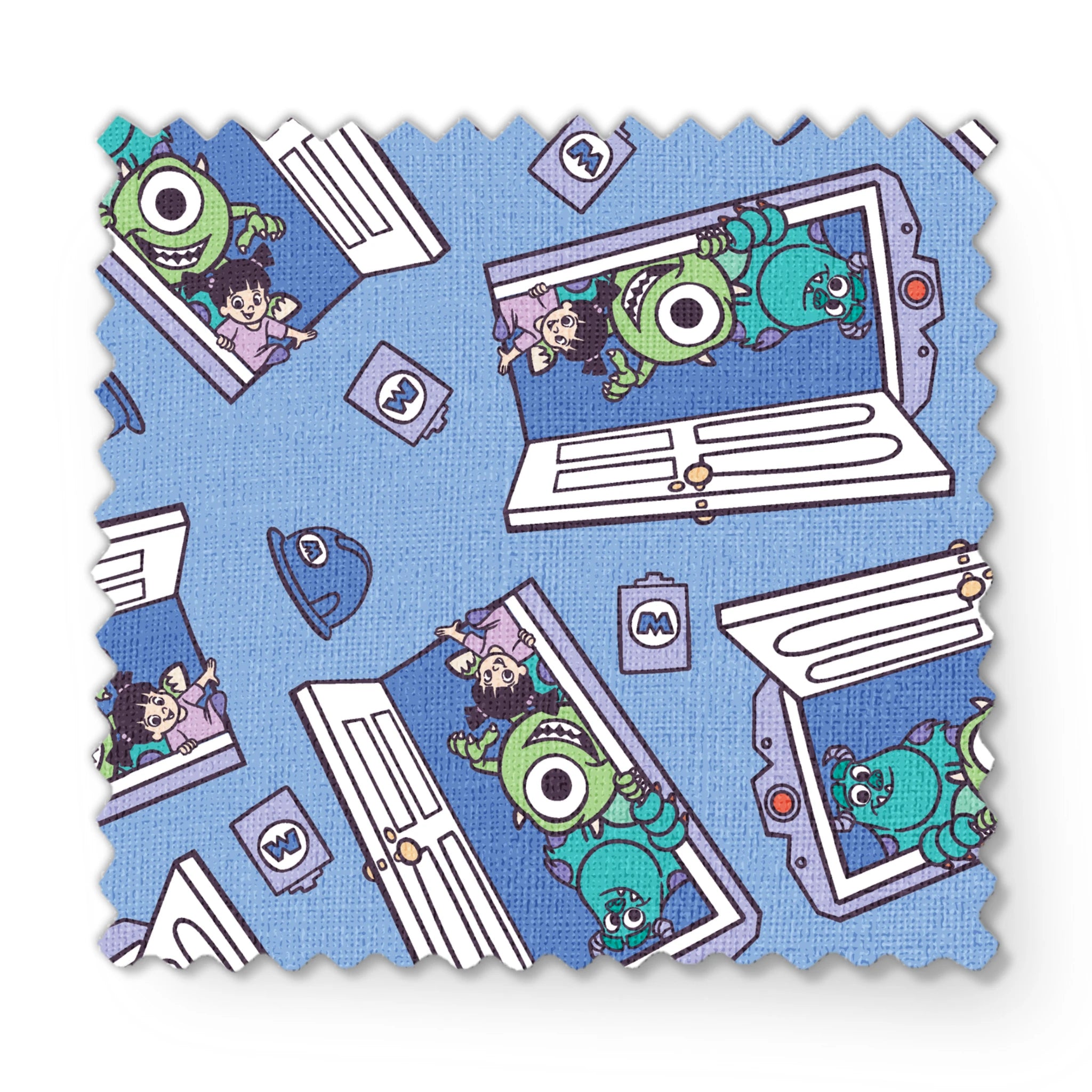 Monsters Inc characters Mike and Sully peeking through doorways on blue background pattern fabric swatch mockup