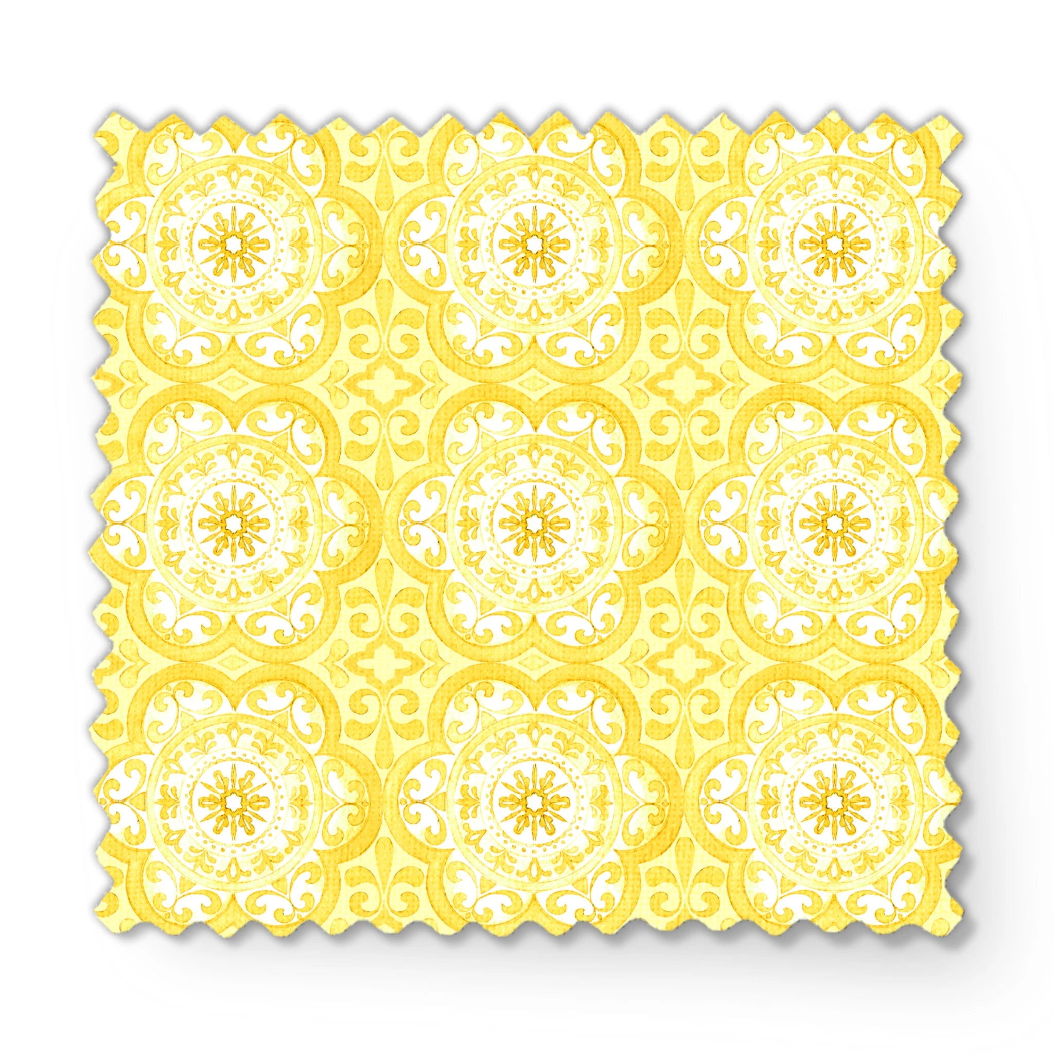 Bright yellow decorative pattern with white floral medallions in repeating ornamental design fabric swatch mockup