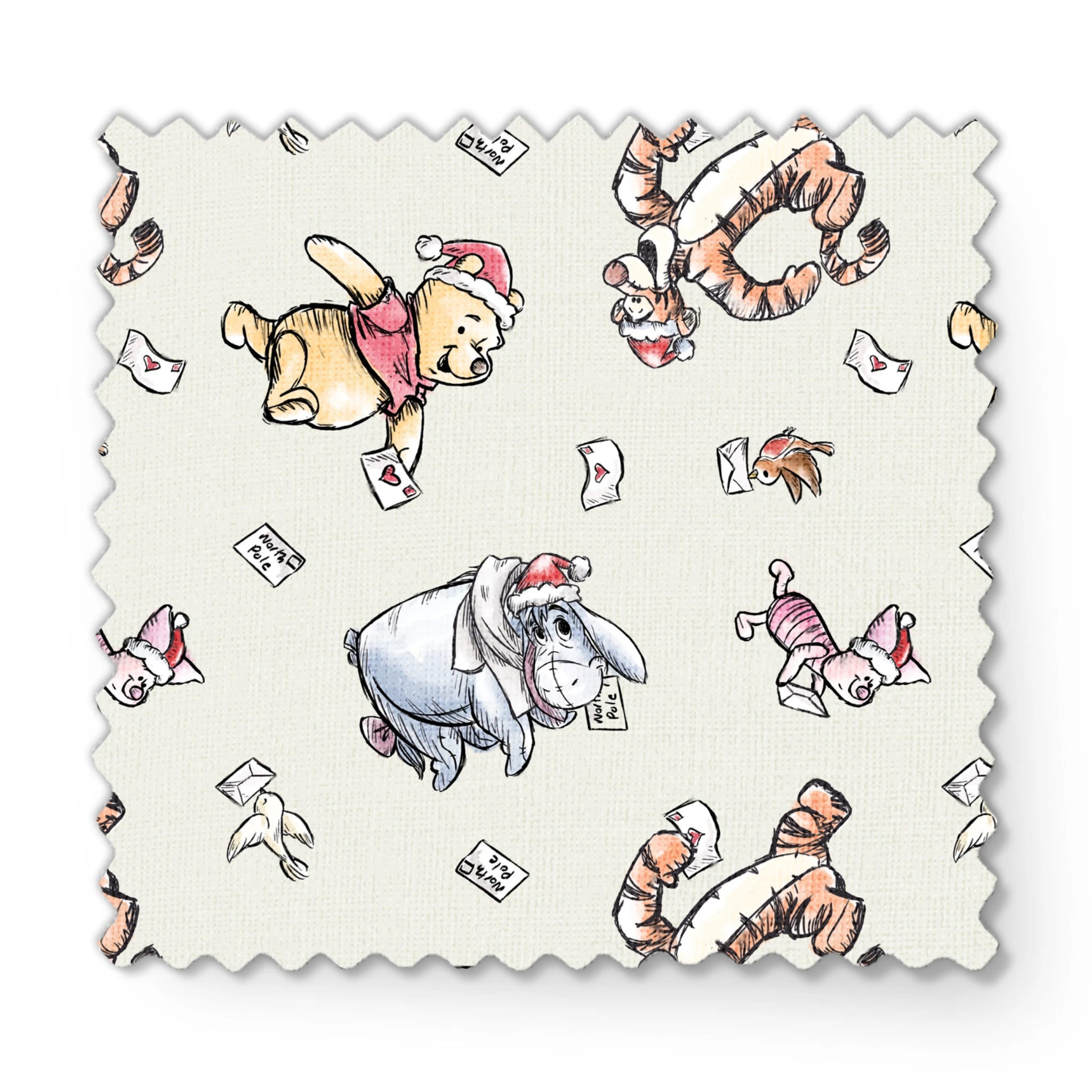 Whimsical cartoon characters in Santa hats on cream background with scattered letters fabric swatch mockup