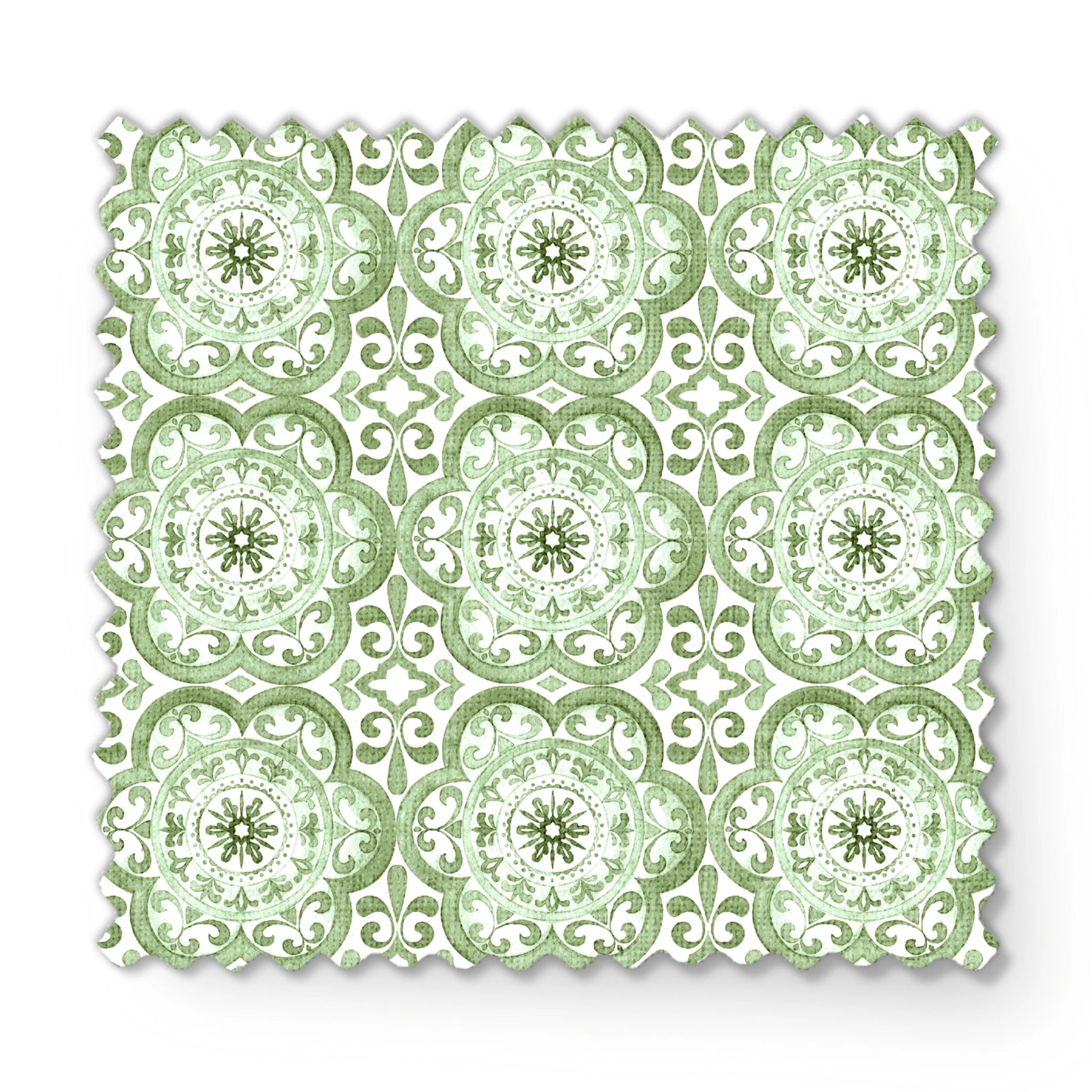 Green medallion tile-inspired pattern by Nicole Tamarin, featuring ornate floral details in a repeating square layout. fabric swatch mockup