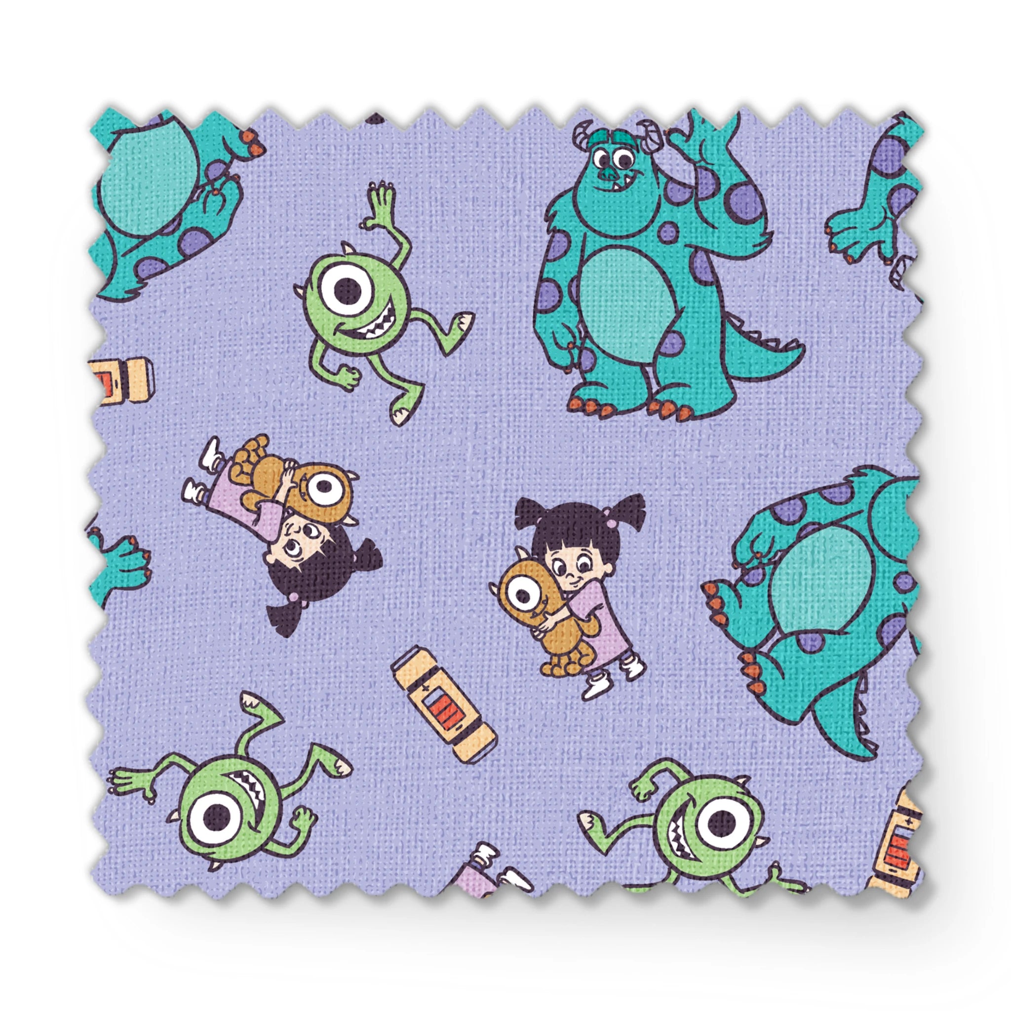 Cartoon pattern of Monsters Inc characters - Mike, Sulley, and Boo - on a purple background fabric swatch mockup