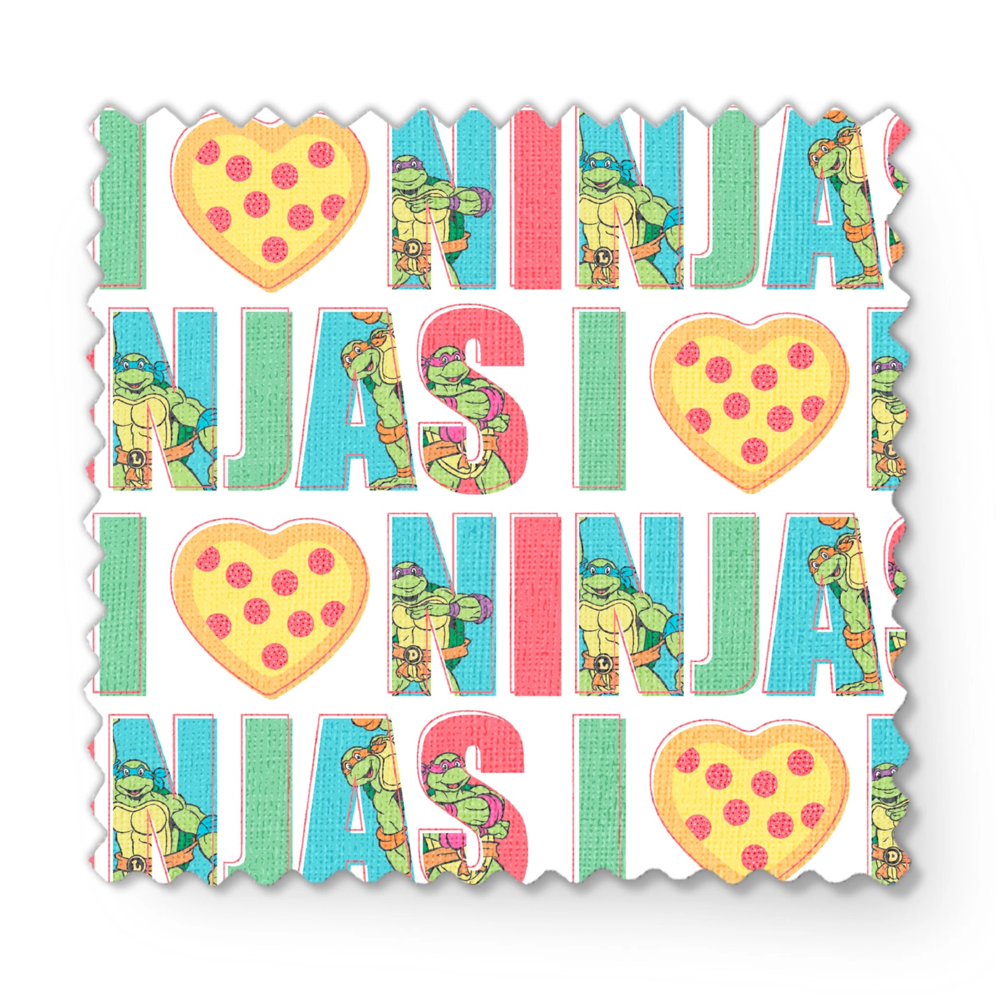 Teenage Mutant Ninja Turtles design with “I heart Ninjas” text with a pizza heart graphic, and Michelangelo and Leonardo in pastel colors. fabric swatch mockup