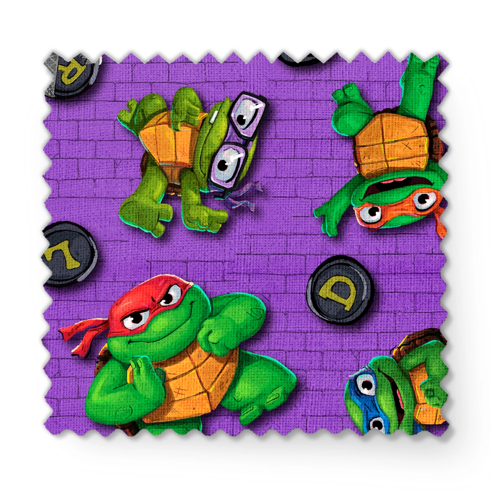 Teenage Mutant Ninja Turtles characters on a purple brick background with lettered manhole covers. fabric swatch mockup