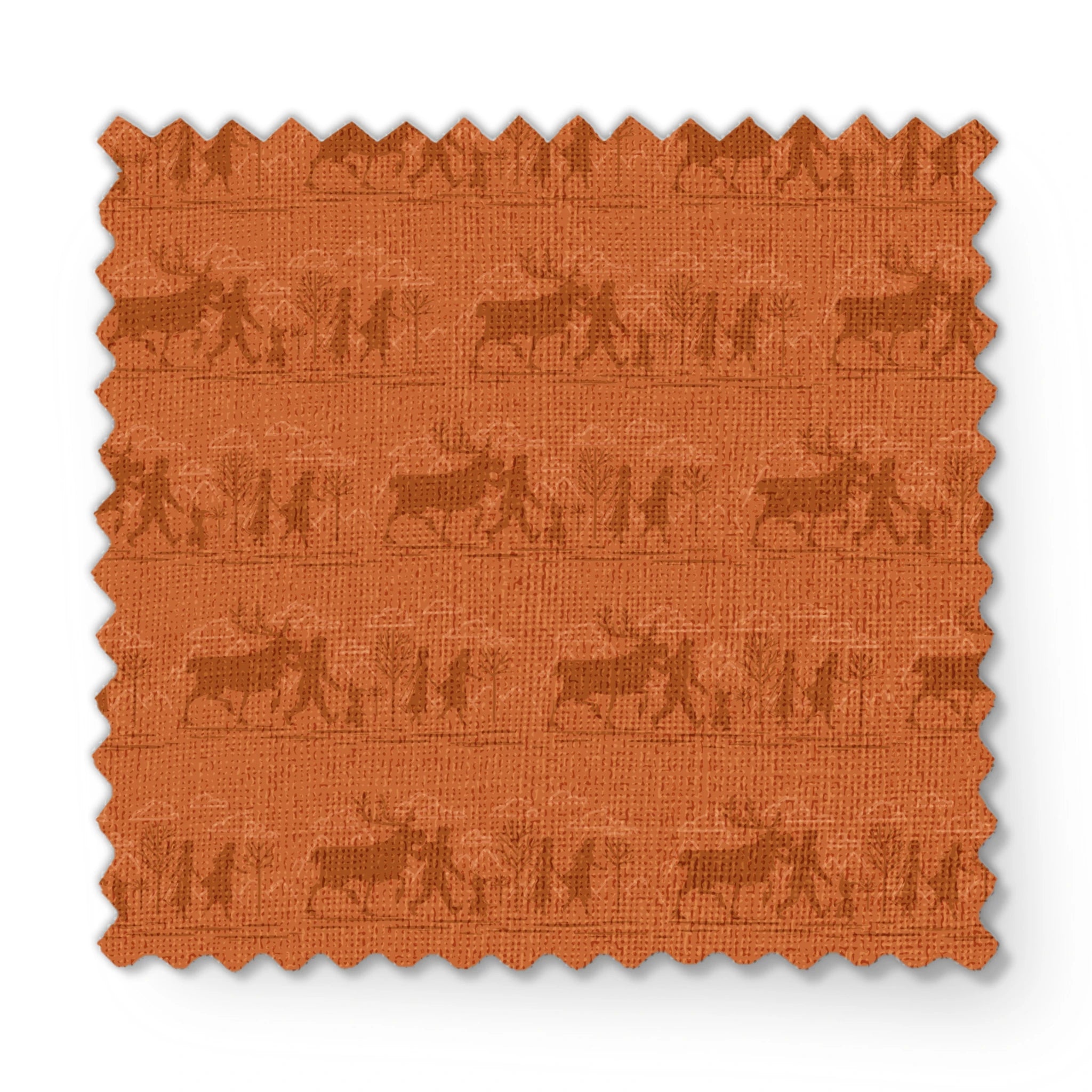 Repeating brown pattern with silhouettes of Frozen characters and trees in a rustic woodland scene fabric swatch mockup