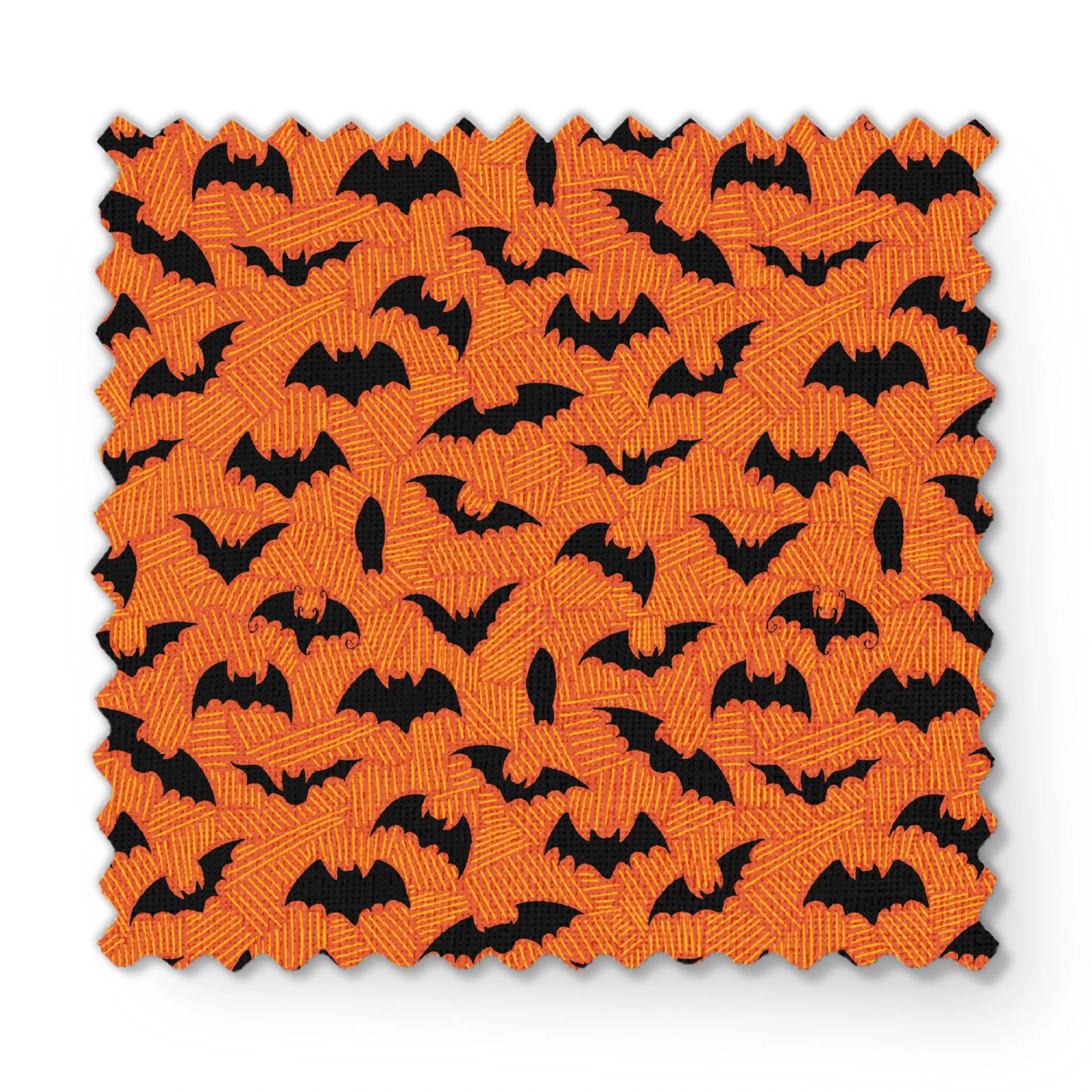 Halloween pattern with black bats scattered across an orange textured background fabric swatch mockup
