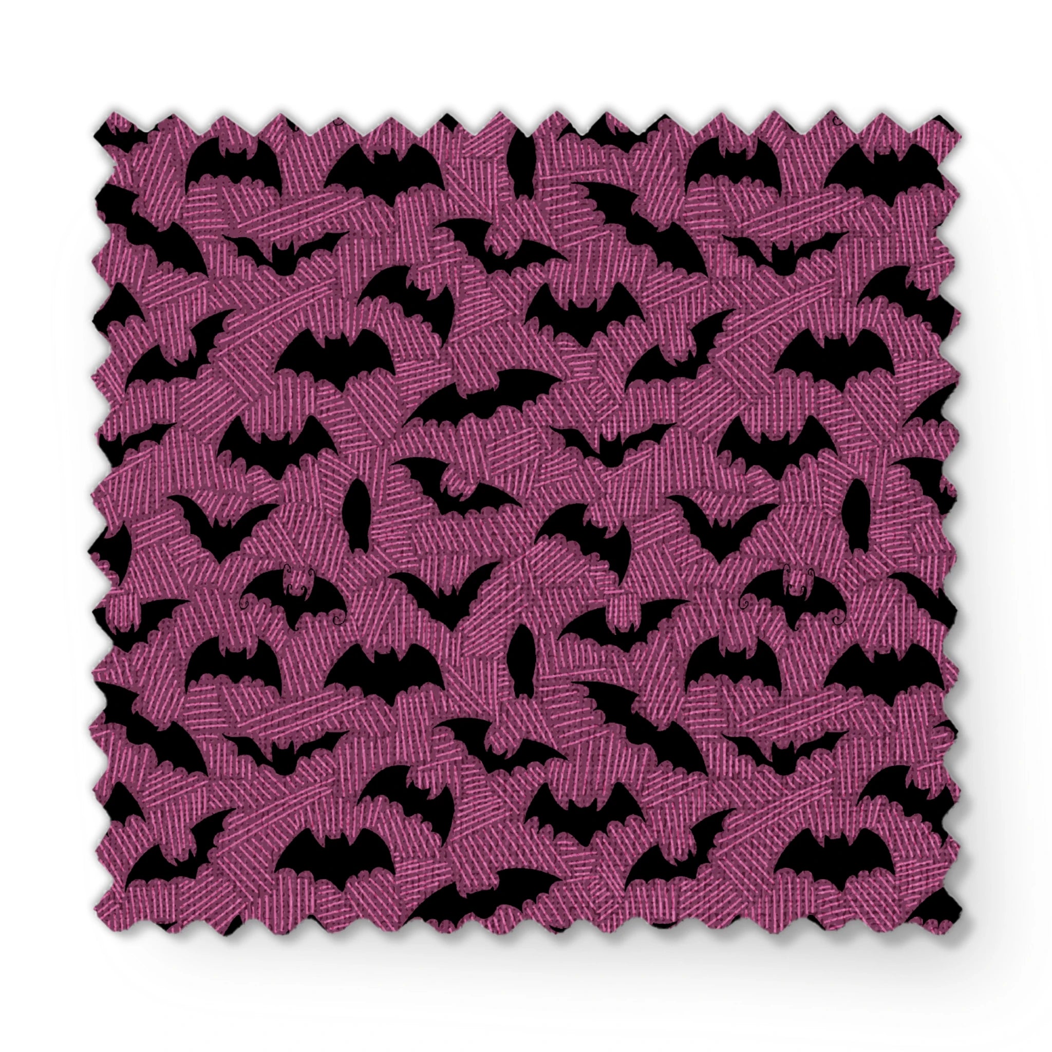 Black bat silhouettes scattered across a purple background with swirling line pattern fabric swatch mockup